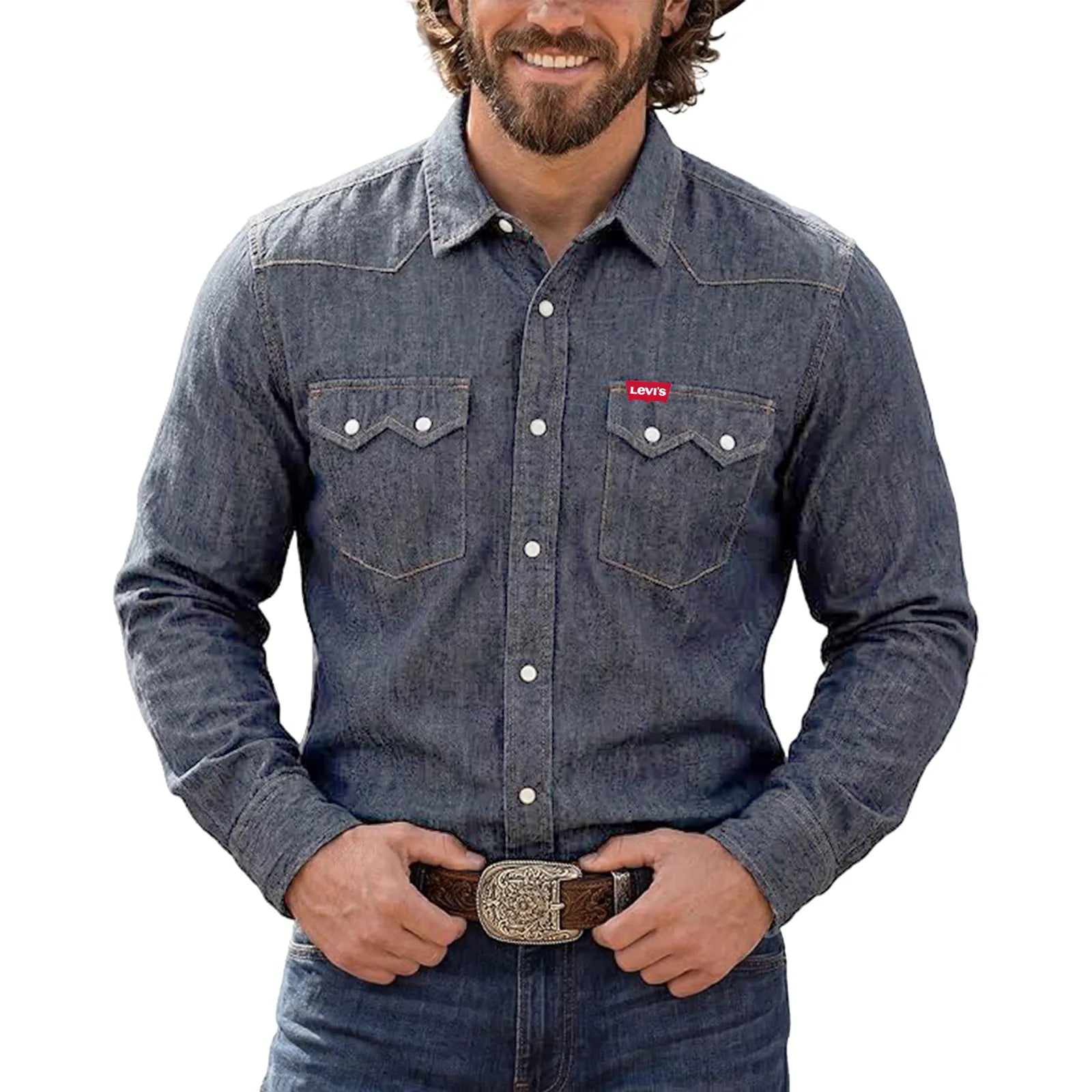 Mens Western Pearl Snap Denim Shirt Linen Blend Long Sleeve Lightweight