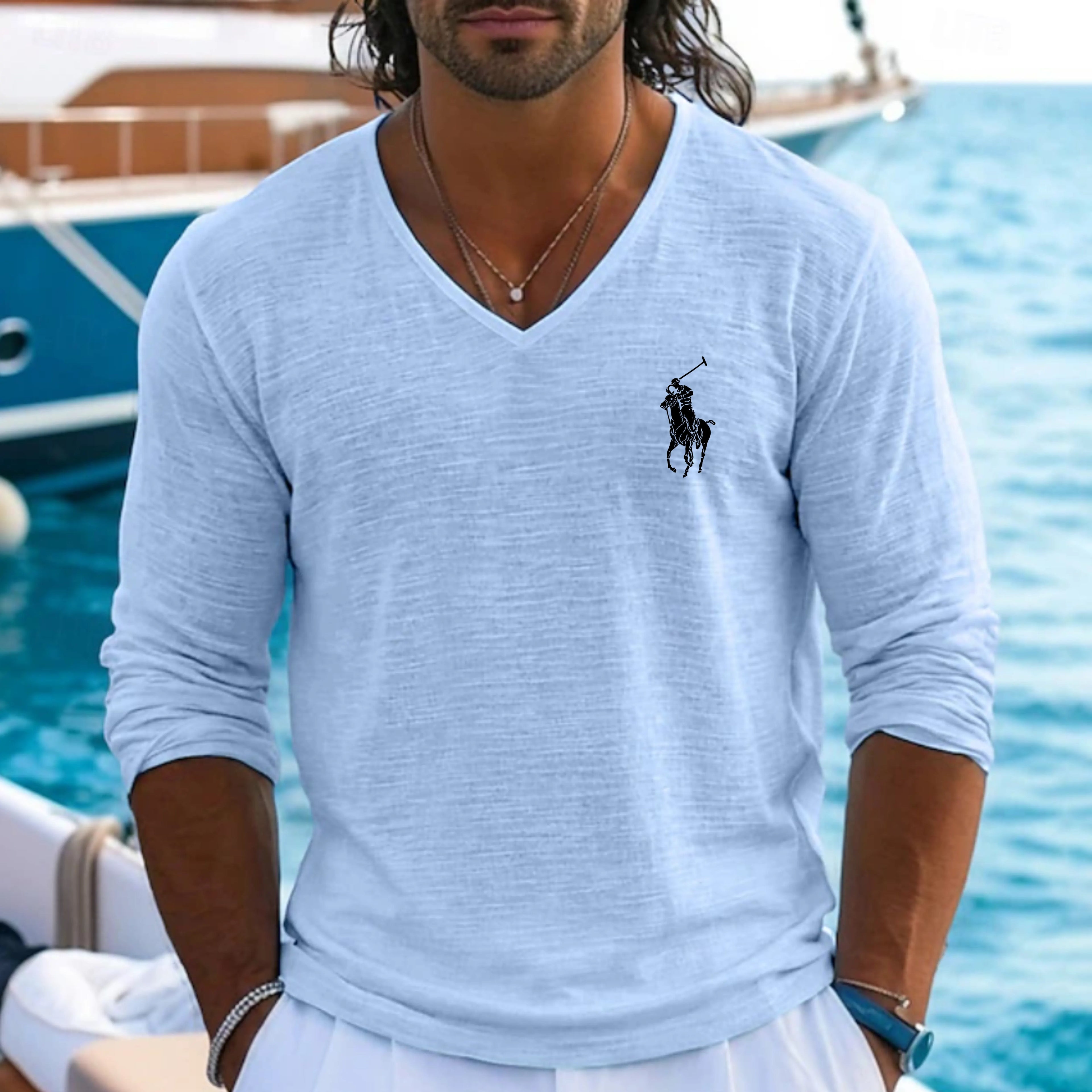 Men's Tee Top Linen T-Shirt Long Sleeve V Neck Summer Spring Spring & Summer Solid Color