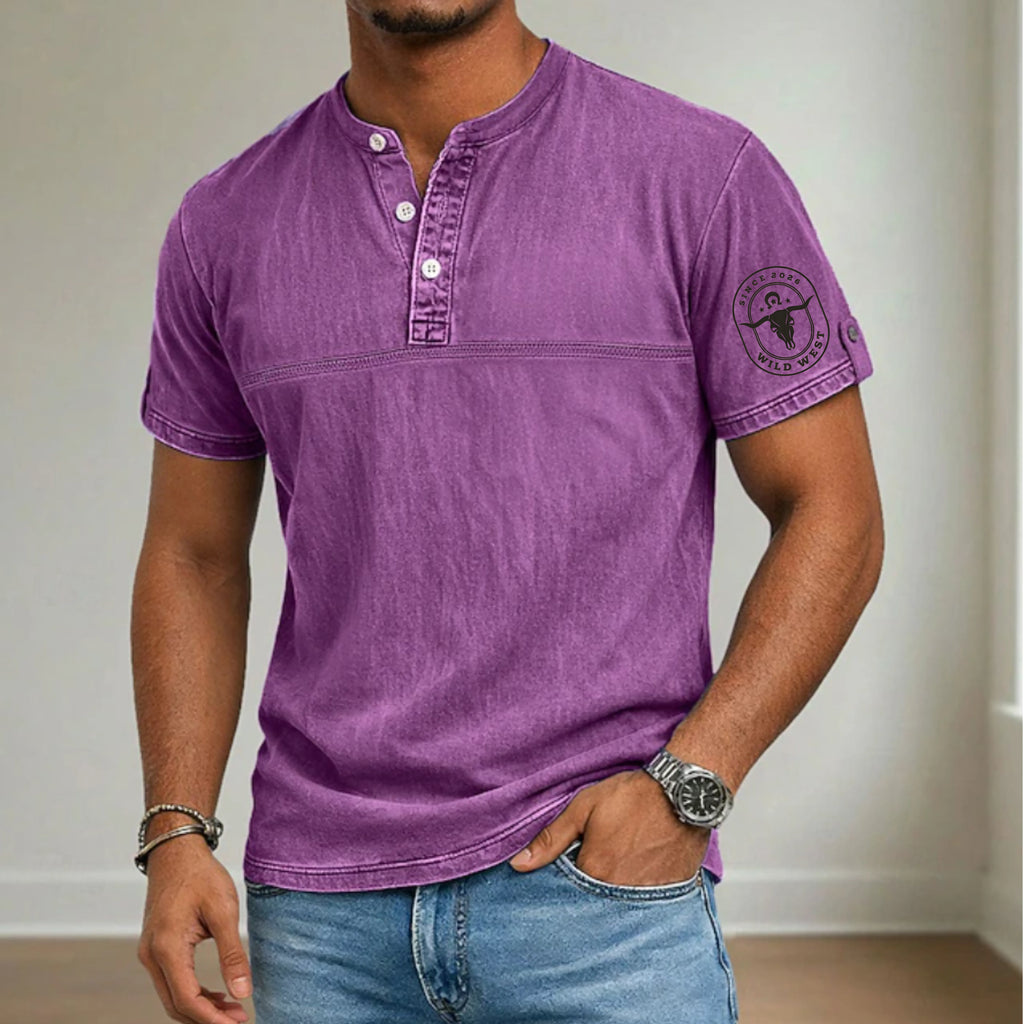 Men's Henley Shirt 100% Cotton Acid Wash Shirt Short Sleeve Henley