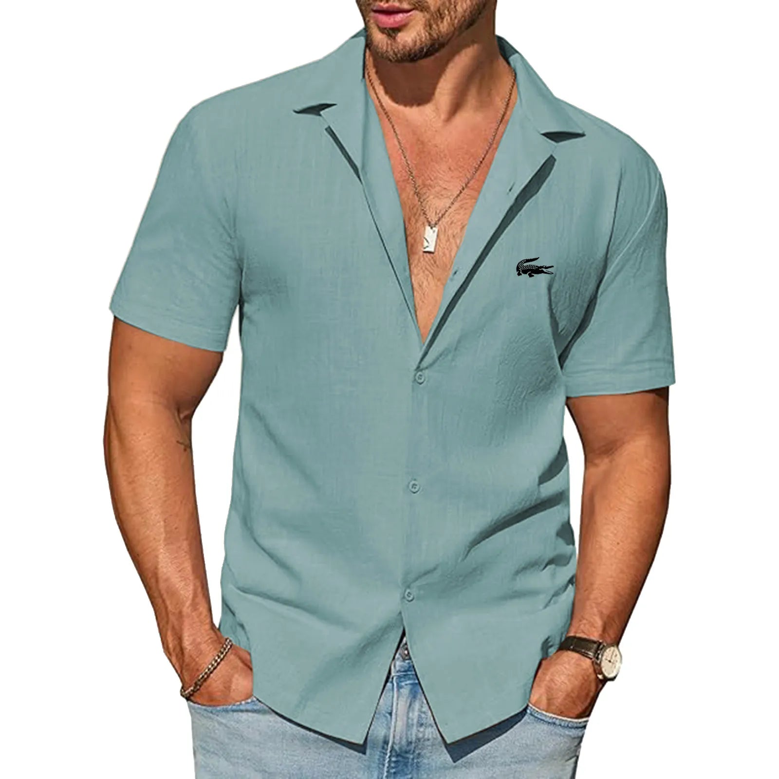 Mens Button Down Cotton Shirt Short Sleeve Casual Linen Untucked