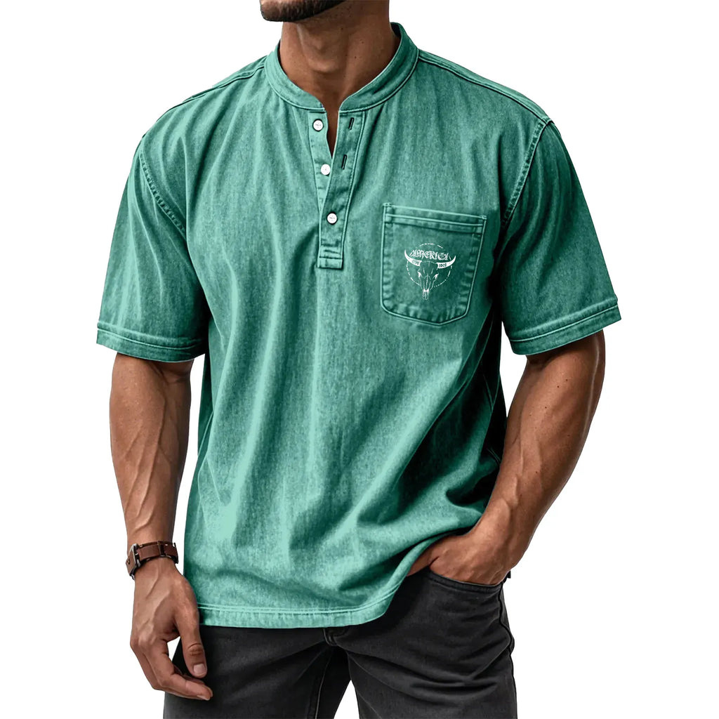 Men's Washed Cotton Short-Sleeve Henley Collar T-Shirt (Upgraded Version)