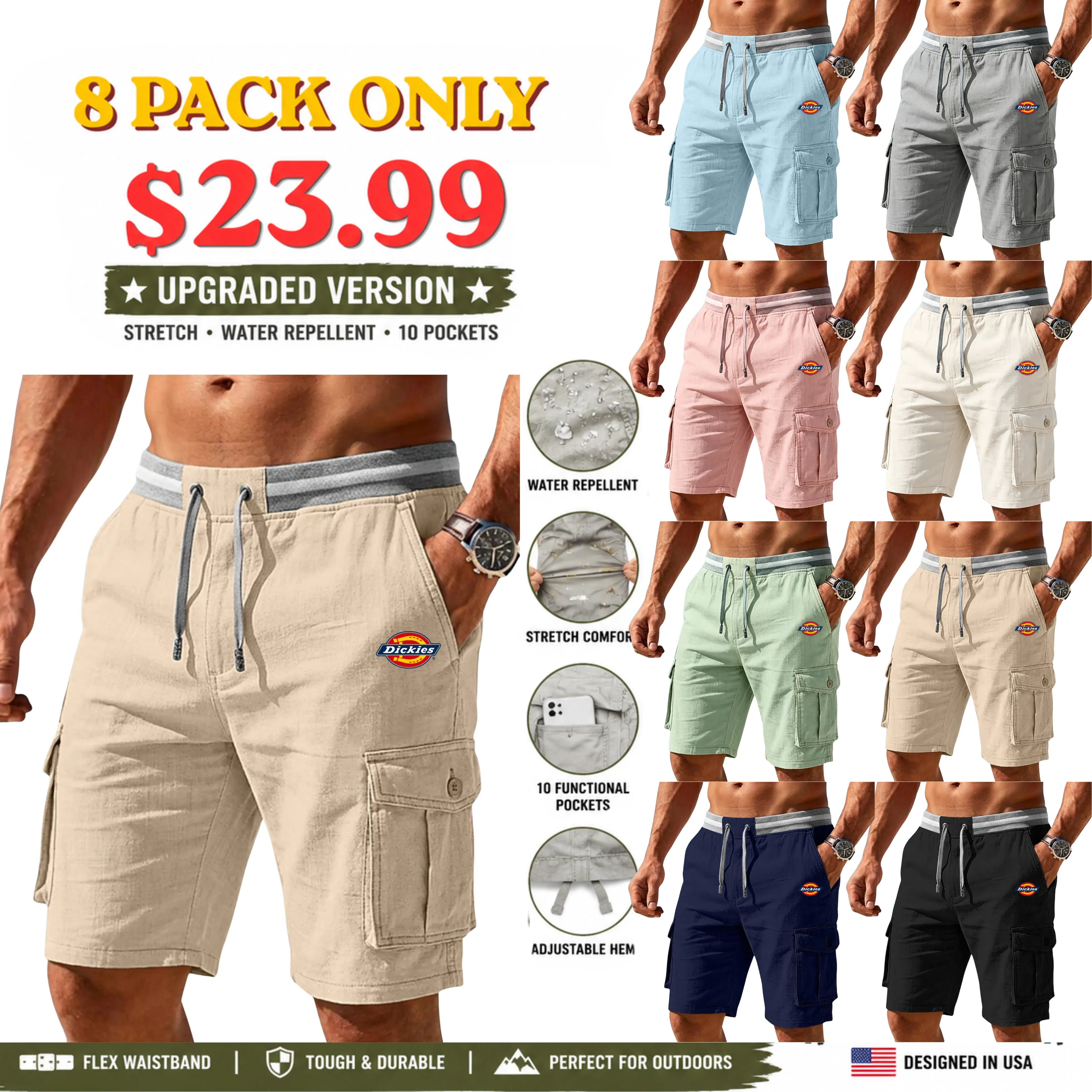 Men's Cargo Shorts  Summer Shorts  Drawstring Elastic Waist Cargo