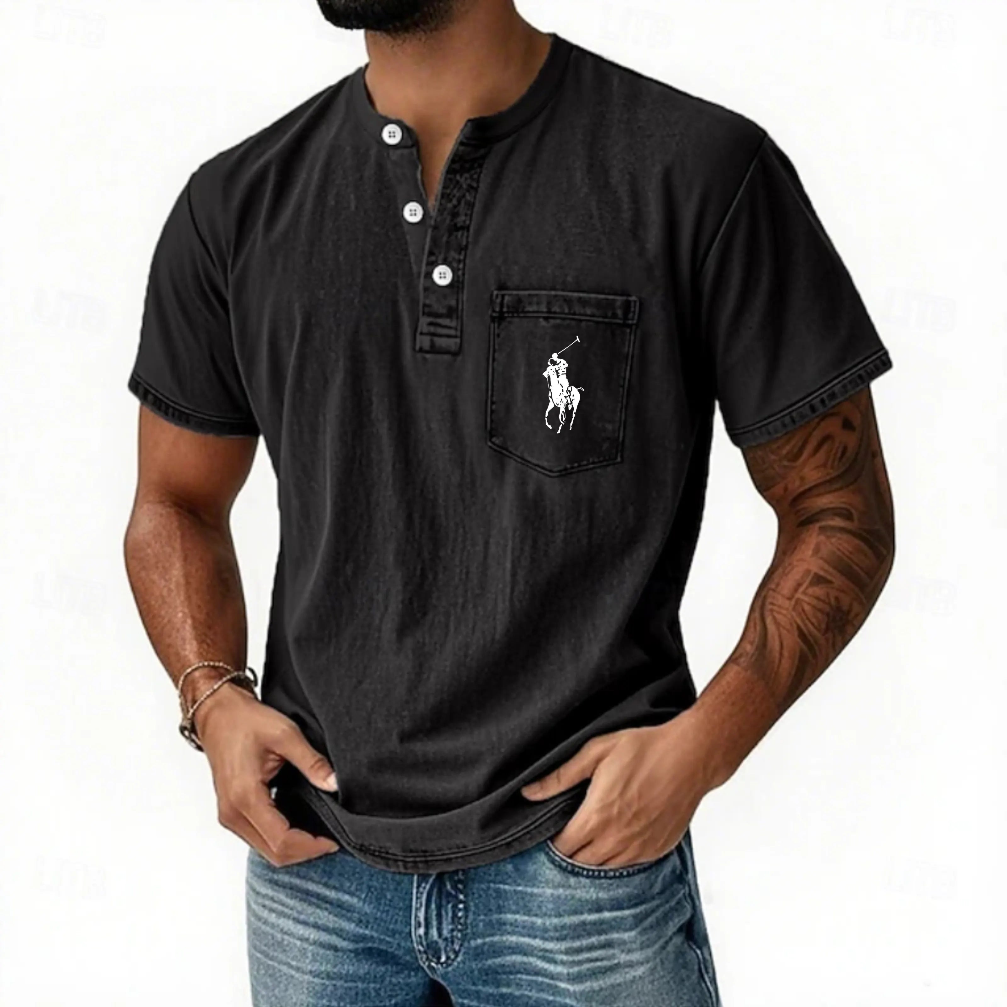 Men's Henley Shirt 100% Cotton Acid Wash Shirt T shirt Tee Short