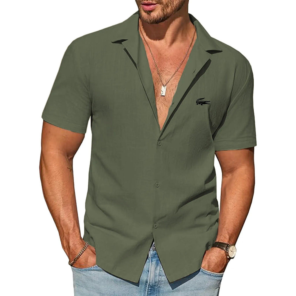 Mens Button Down Cotton Shirt Short Sleeve Casual Linen Untucked