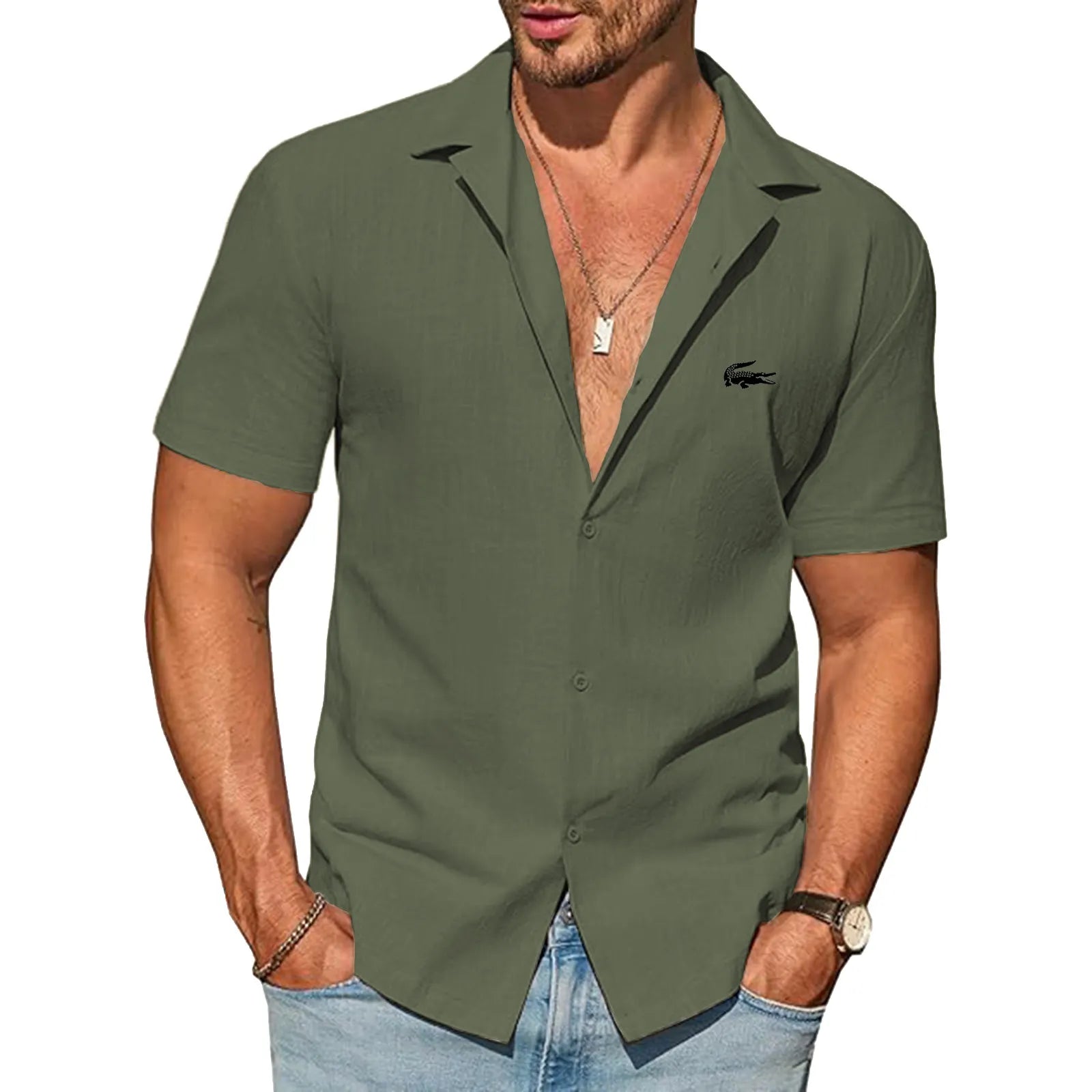 Mens Button Down Cotton Shirt Short Sleeve Casual Linen Untucked