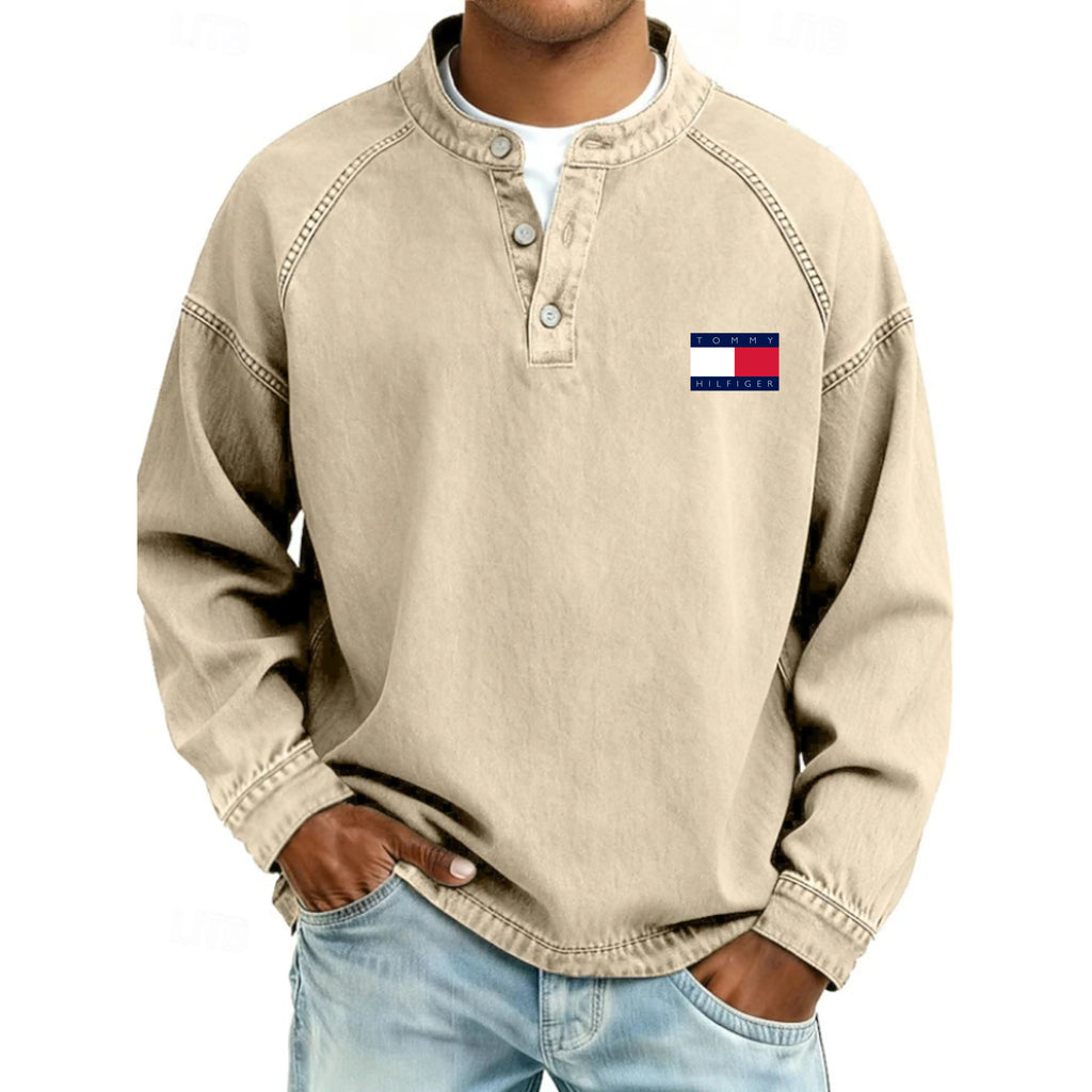 Men's T Shirt Henley Shirt 100% Cotton Acid Wash Shirt Tee Top