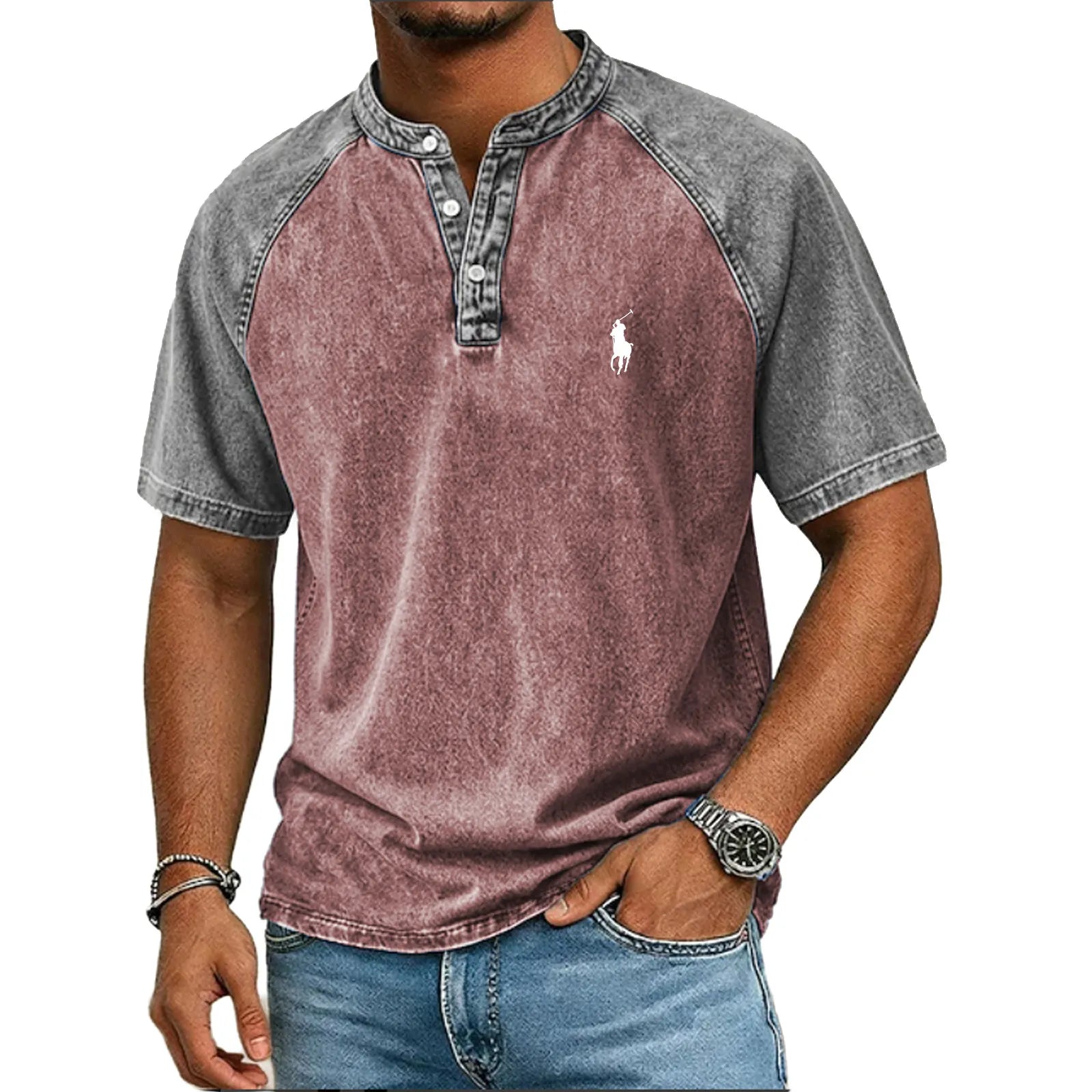 Men's Acid Wash Shirt Short Sleeve Color Block Patchwork