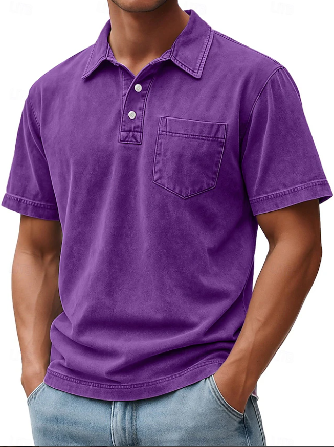 Men's Polo Shirts 100% Cotton Acid Wash Shirt Casual  Sleeve Fashion Basic Plain Vintage