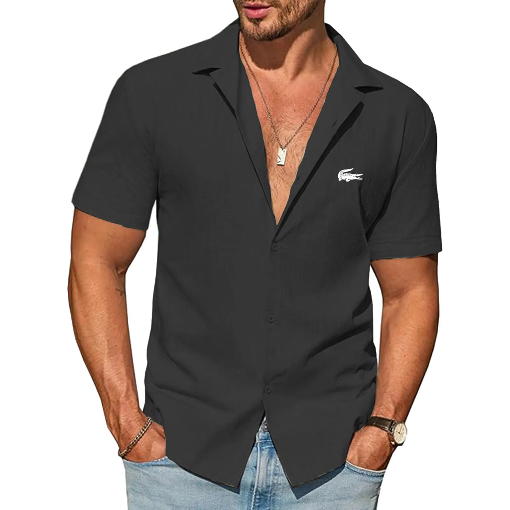 Mens Button Down Cotton Shirt Short Sleeve Casual Linen Untucked