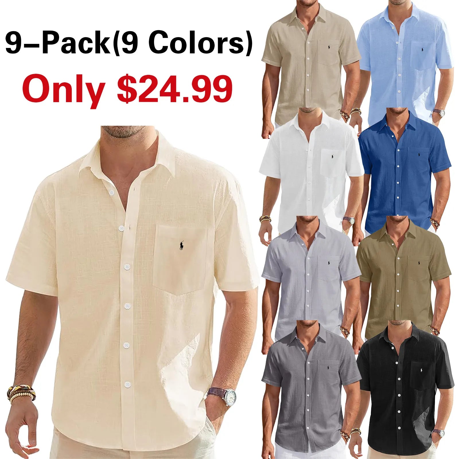 Men's Linen Short Sleeve Shirts Cotton Casual Lightweight Button Down Shirt