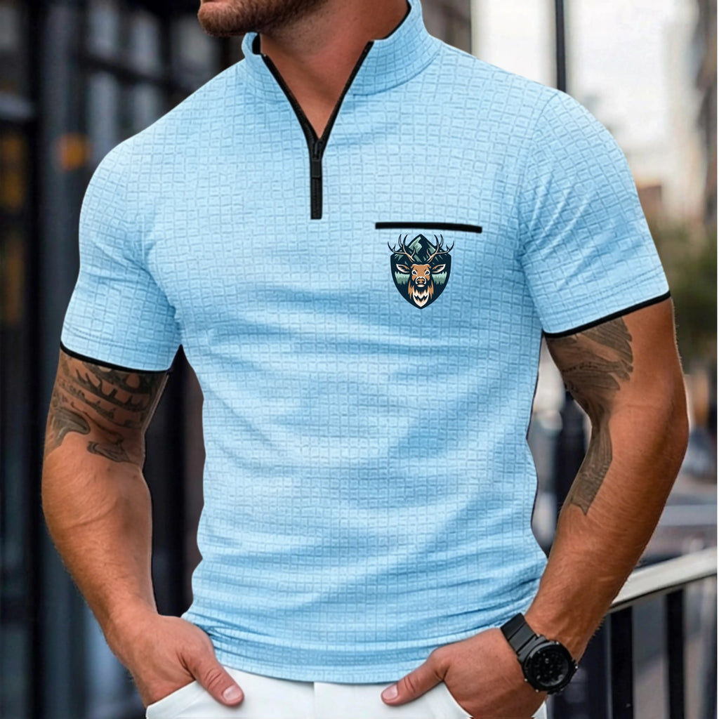 Men's Waffle Polo Shirts Zip Polo Casual Holiday Quarter Zip Short
