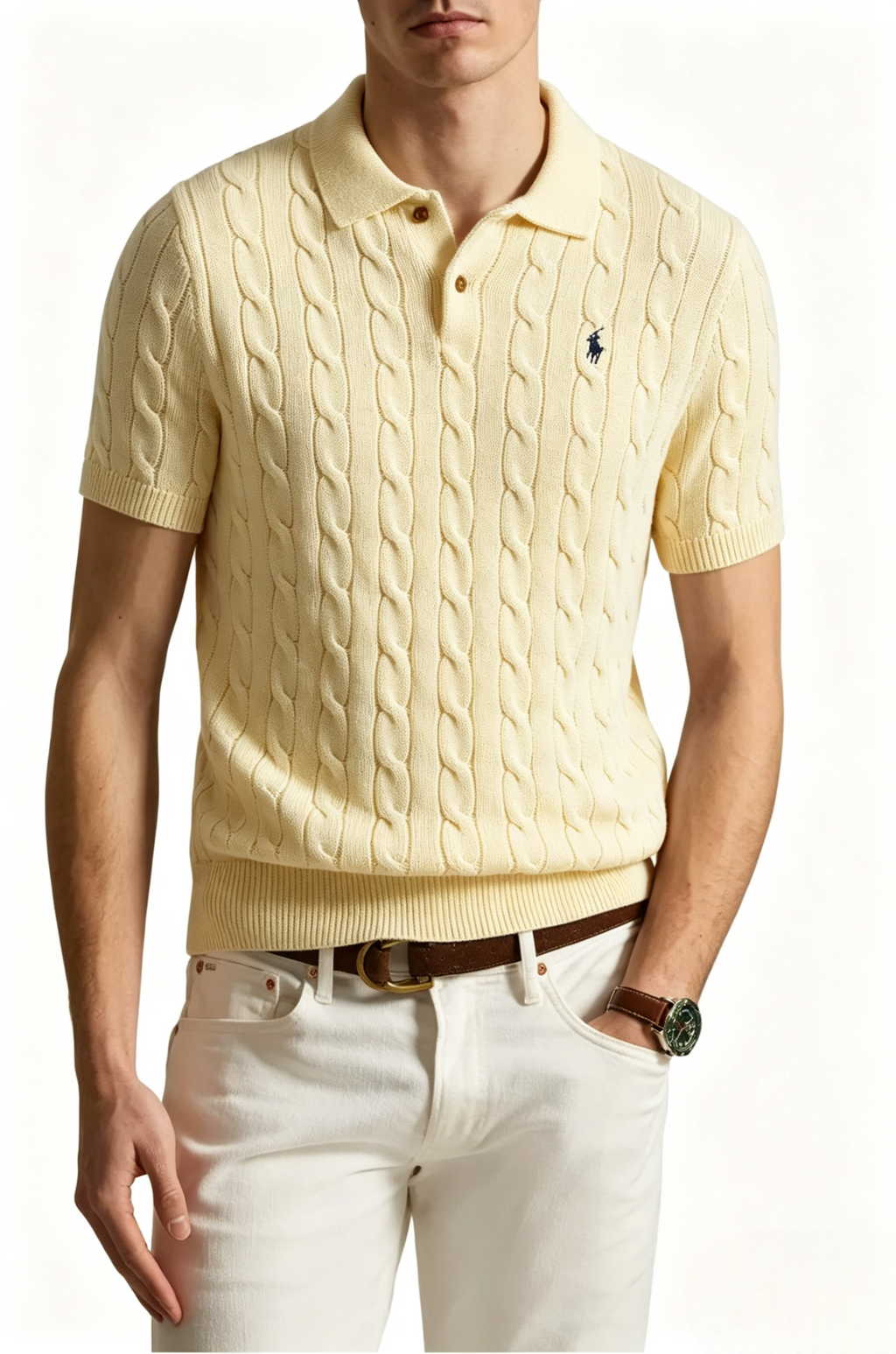 Classic Cable-Knit Cotton Polo Sweater