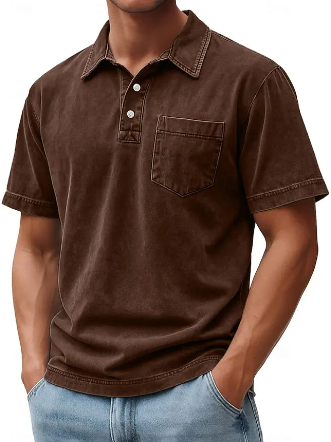 Men's Polo Shirts 100% Cotton Acid Wash Shirt Casual  Sleeve Fashion Basic Plain Vintage