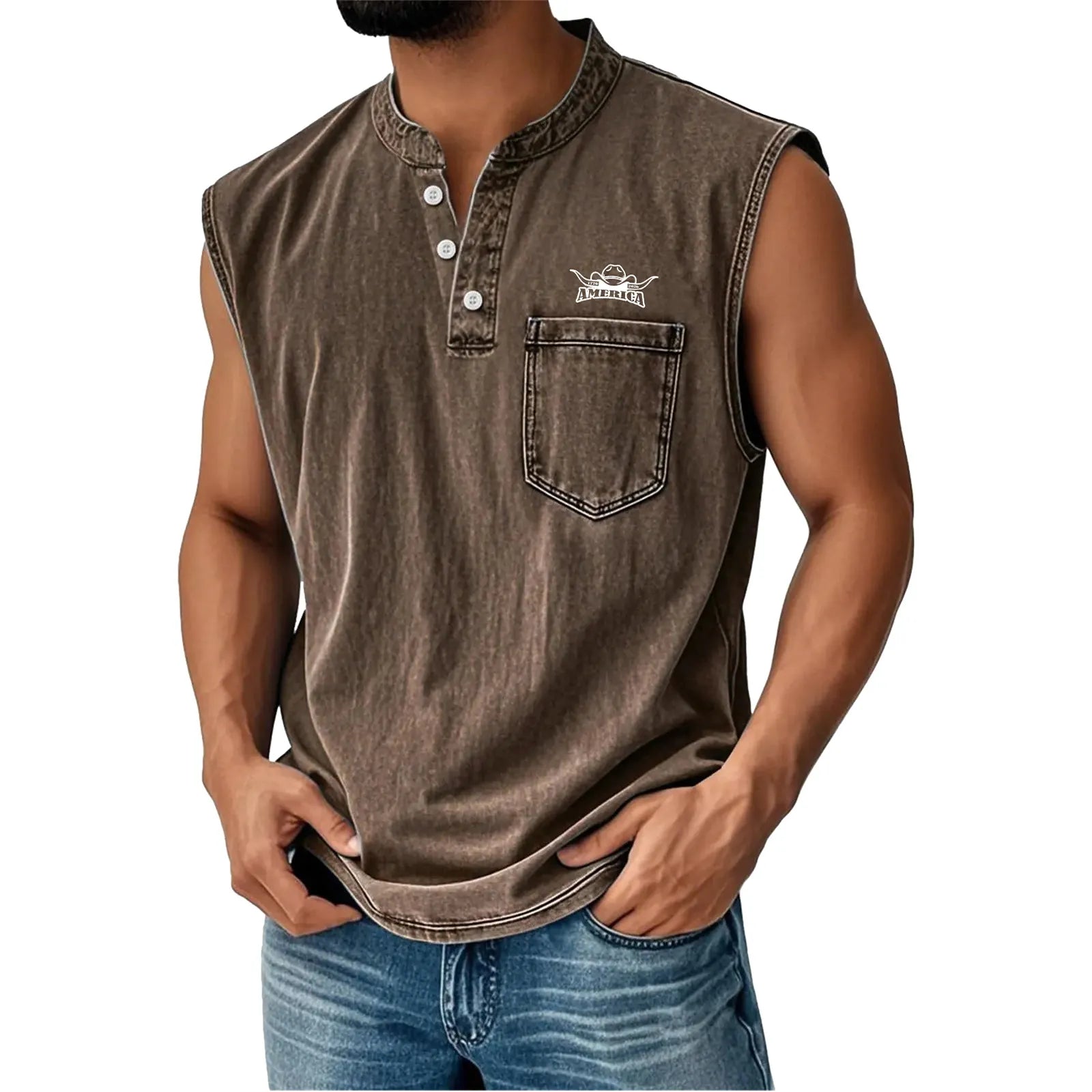 Work vest, Western vest, Casual sports outdoor vest, Henley collar button vest