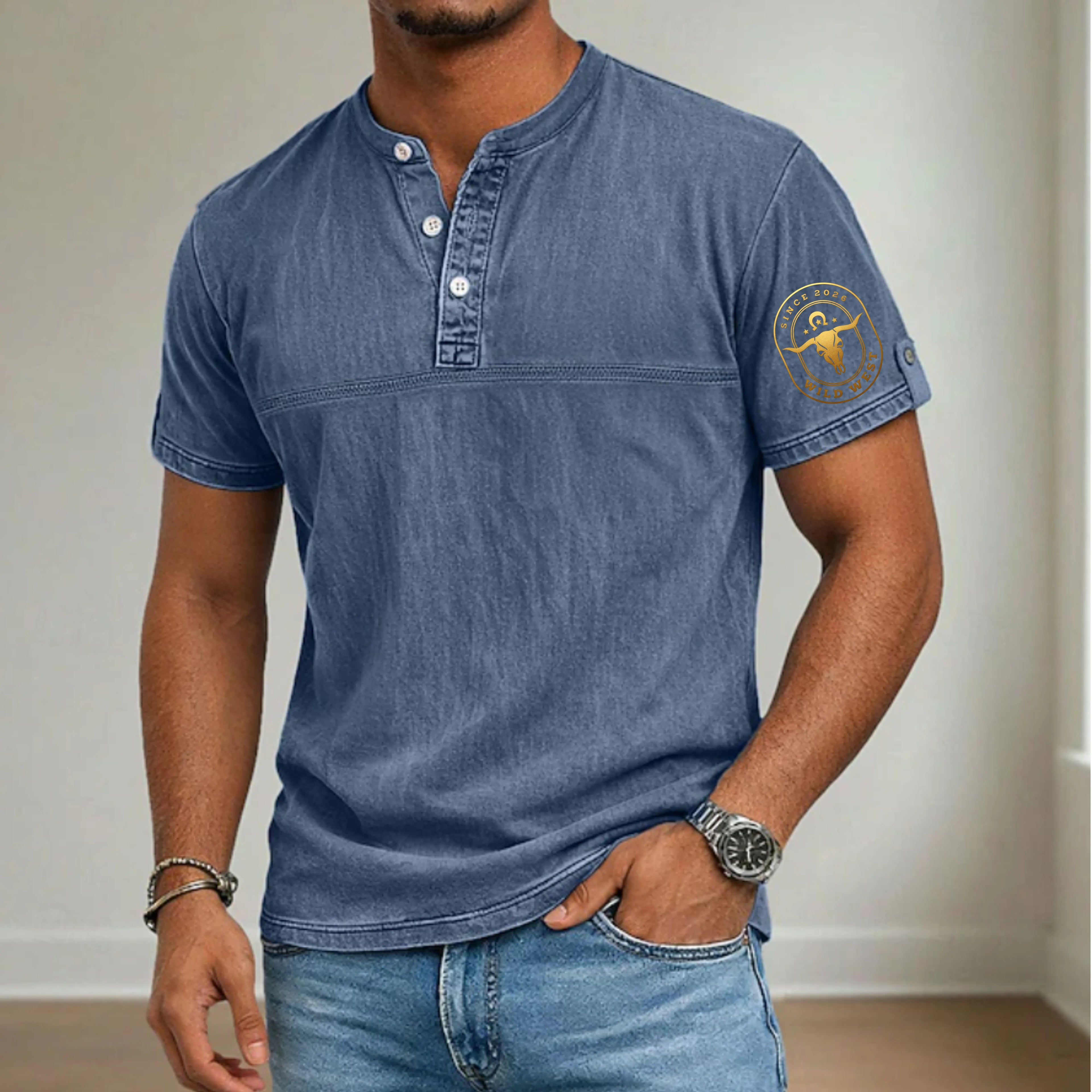 Men's Henley Shirt 100% Cotton Acid Wash Shirt Short Sleeve Henley