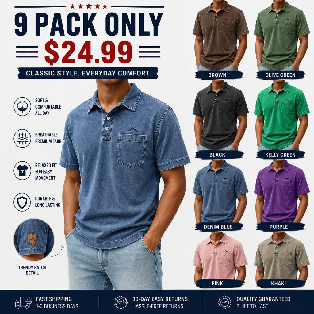 Men's Polo Shirts 100% Cotton Acid Wash Shirt Casual  Sleeve Fashion Basic Plain Vintage