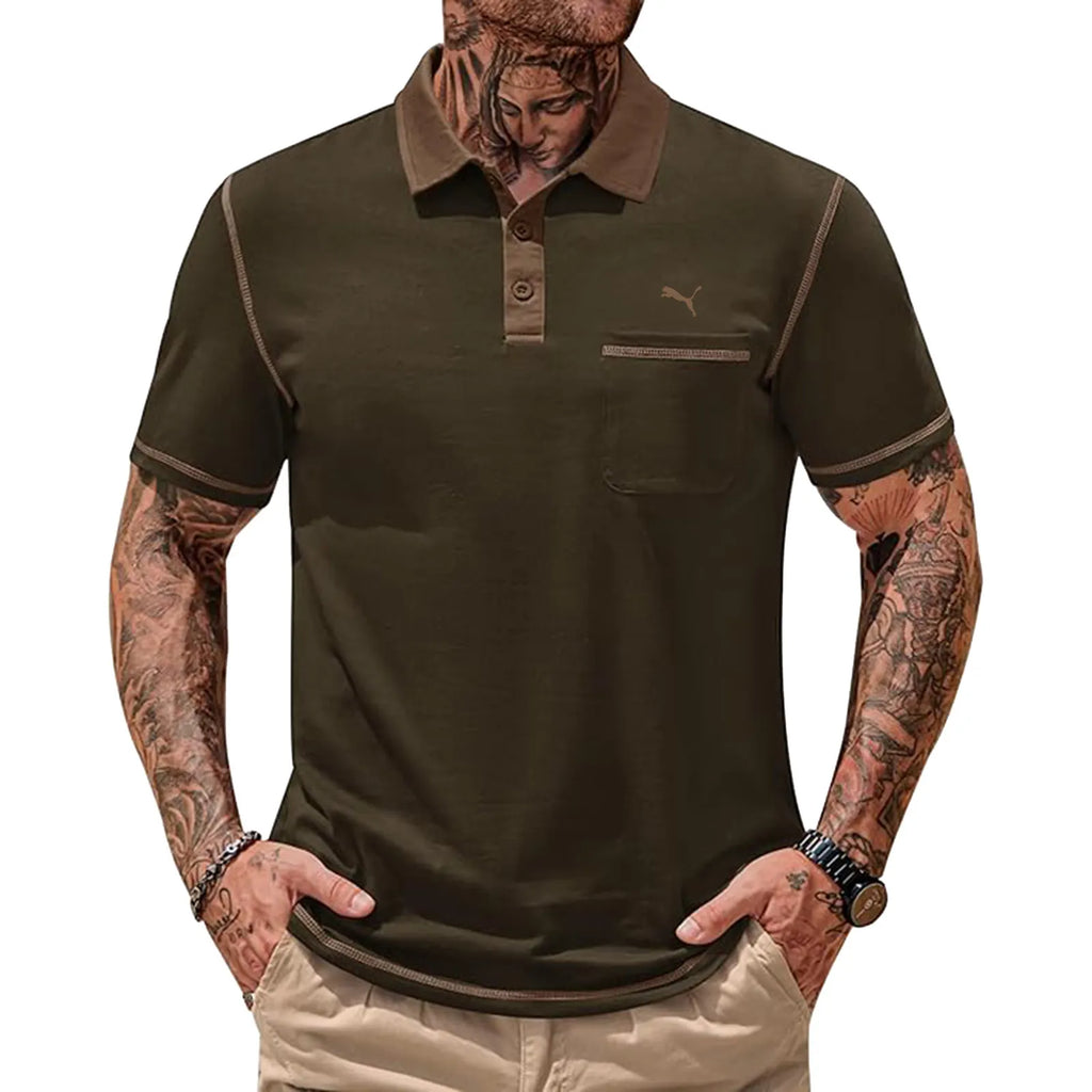 Mens Polo Shirts Casual Color Block Collar Short Sleeve Shirt with Pocket