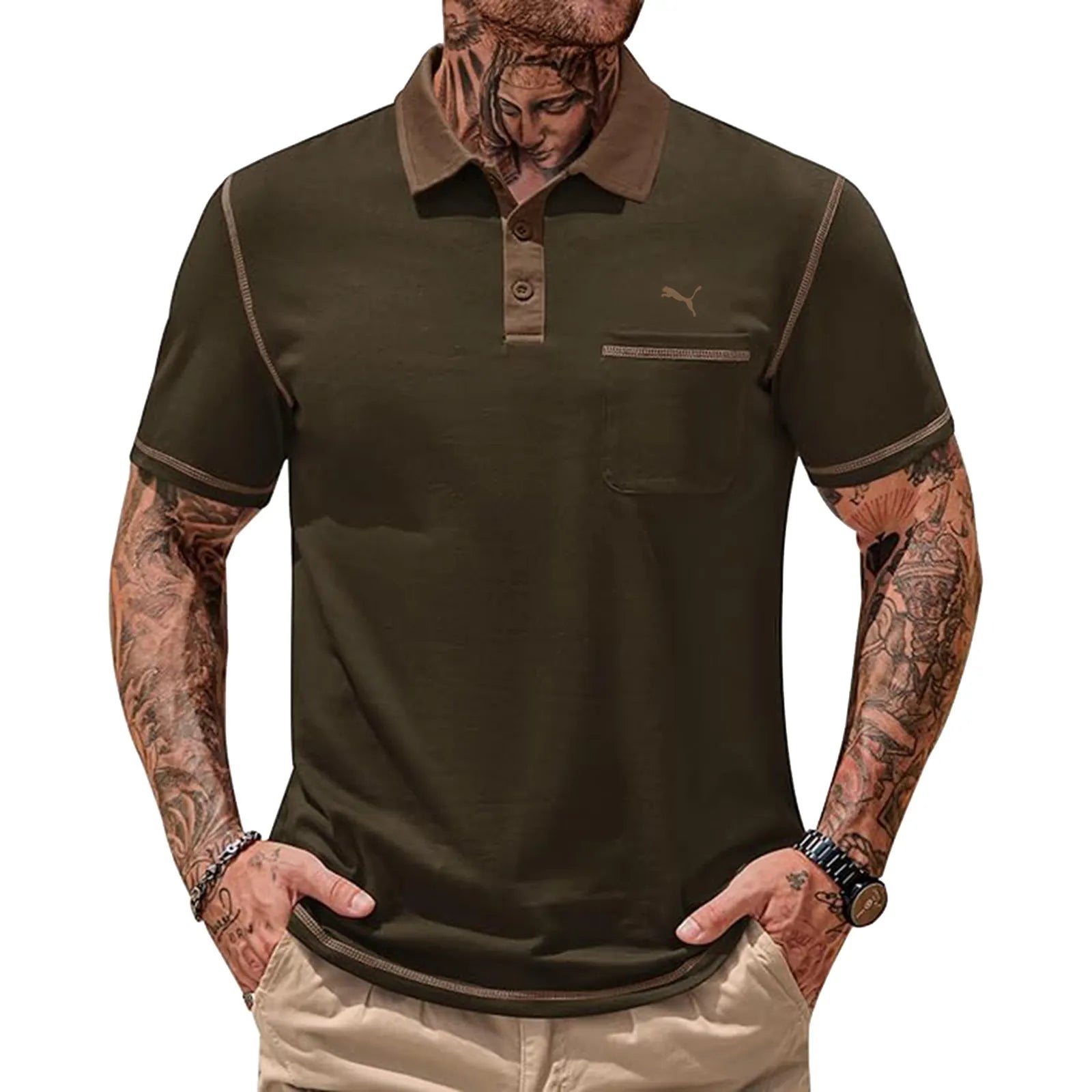 Mens Polo Shirts Casual Color Block Collar Short Sleeve Shirt with Pocket