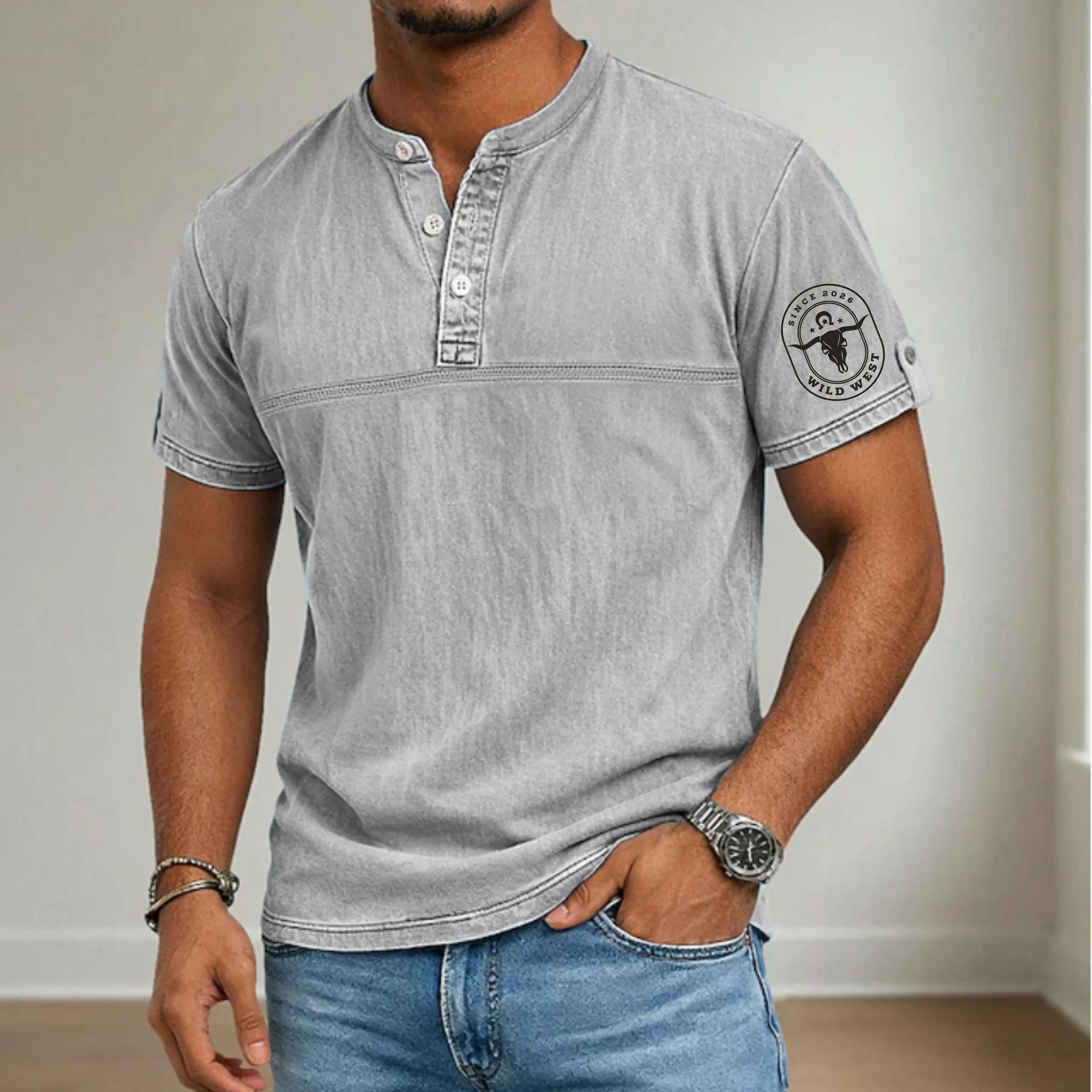 Men's Henley Shirt 100% Cotton Acid Wash Shirt Short Sleeve Henley