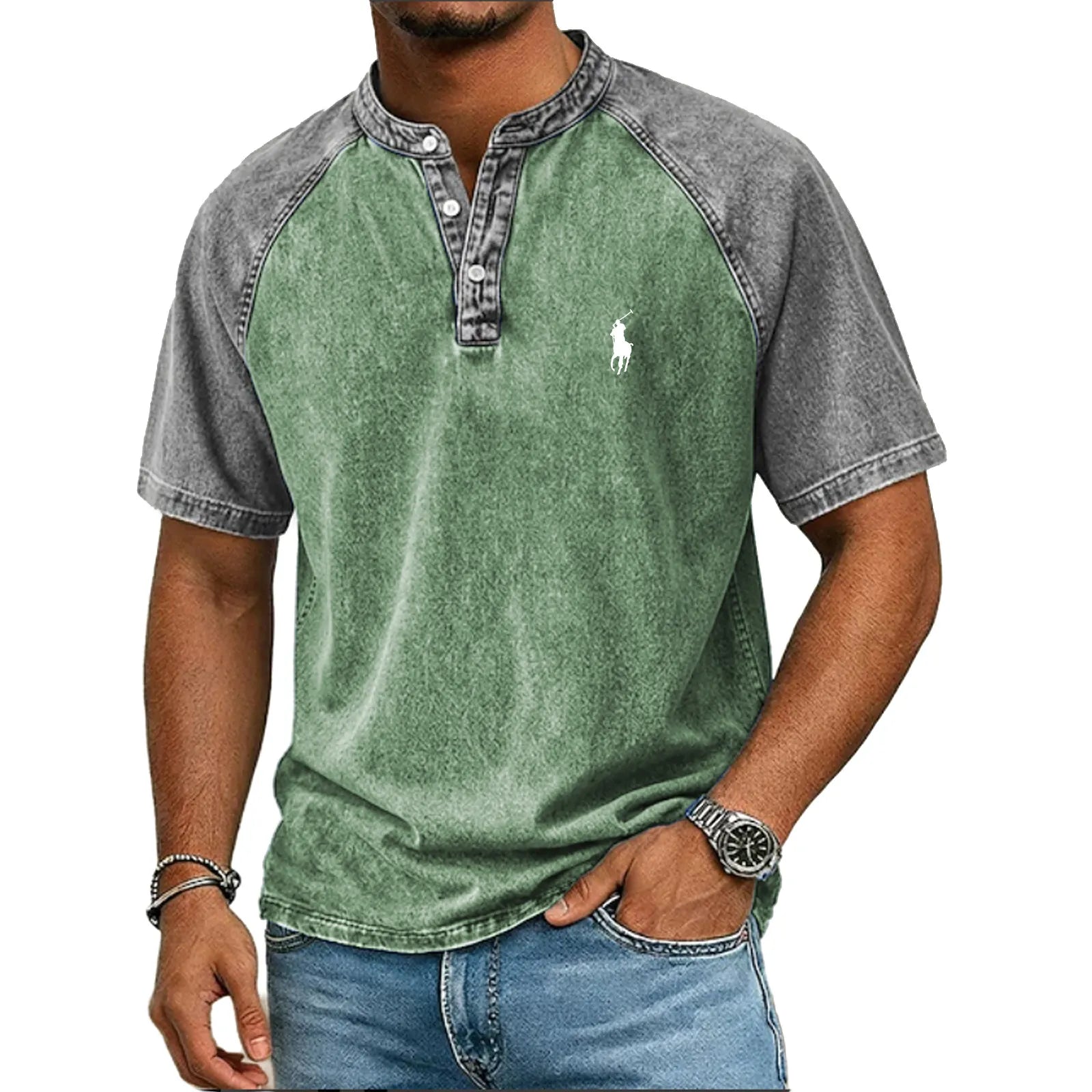 Men's Acid Wash Shirt Short Sleeve Color Block Patchwork