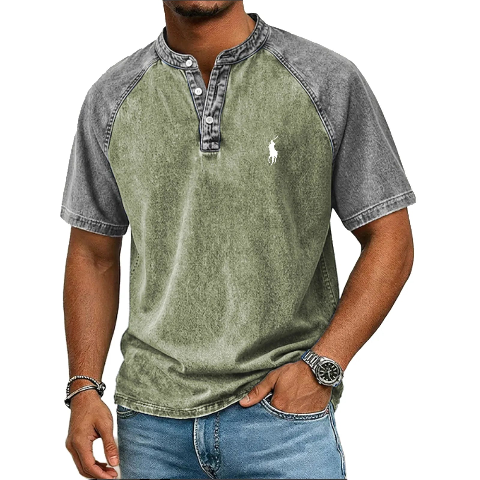 Men's Acid Wash Shirt Short Sleeve Color Block Patchwork