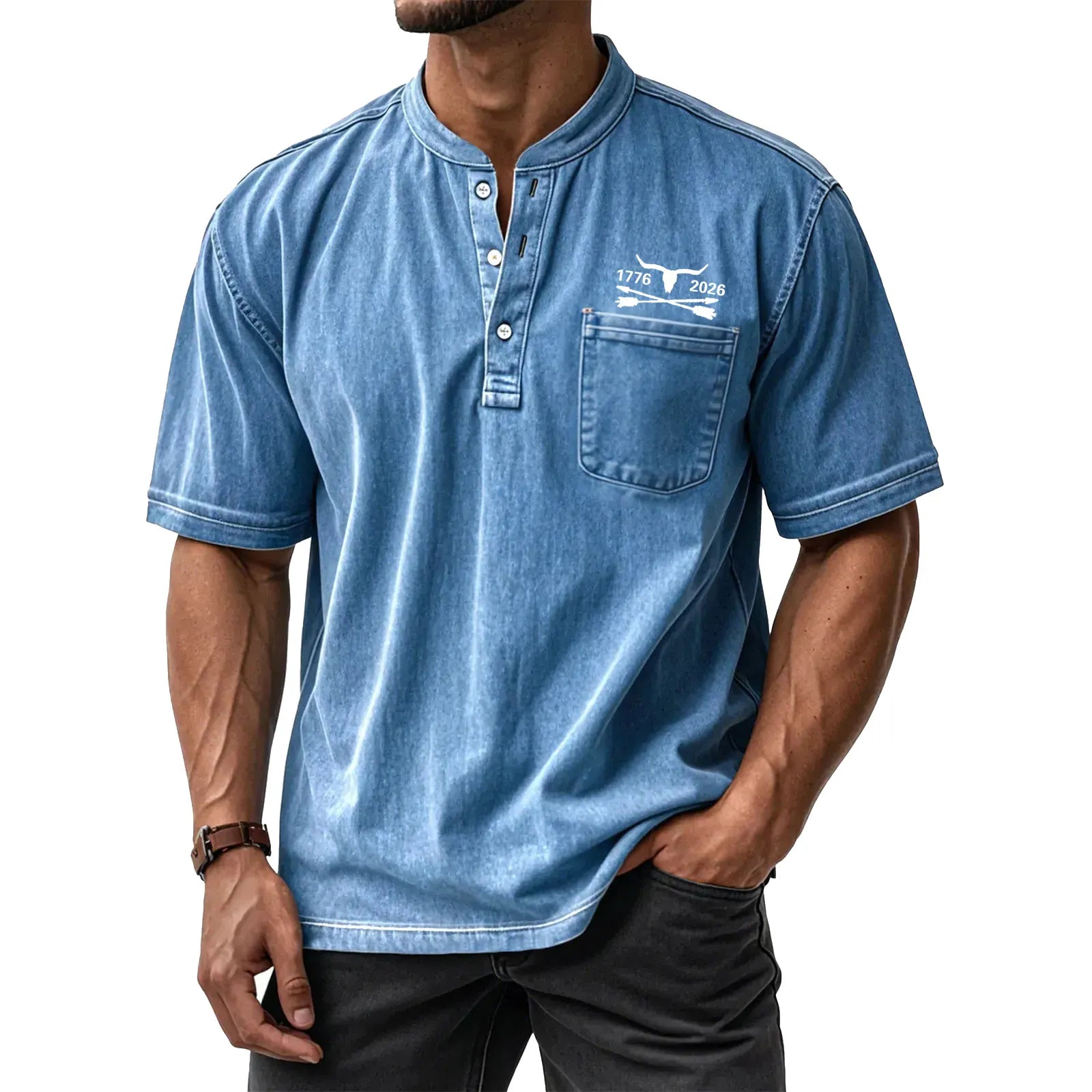 Men's Washed Cotton Short Sleeve Henley T-Shirt