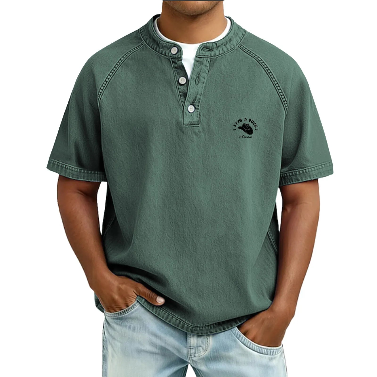 Men's T Shirt Henley Shirt 100% Cotton Acid Wash Shirt Tee Top Short Sleeve Plain Vintage Streetwear Casual Washed Raglan Sleeves Stand Collar Henley Casual Home Street Fall & Winter Spring Fall