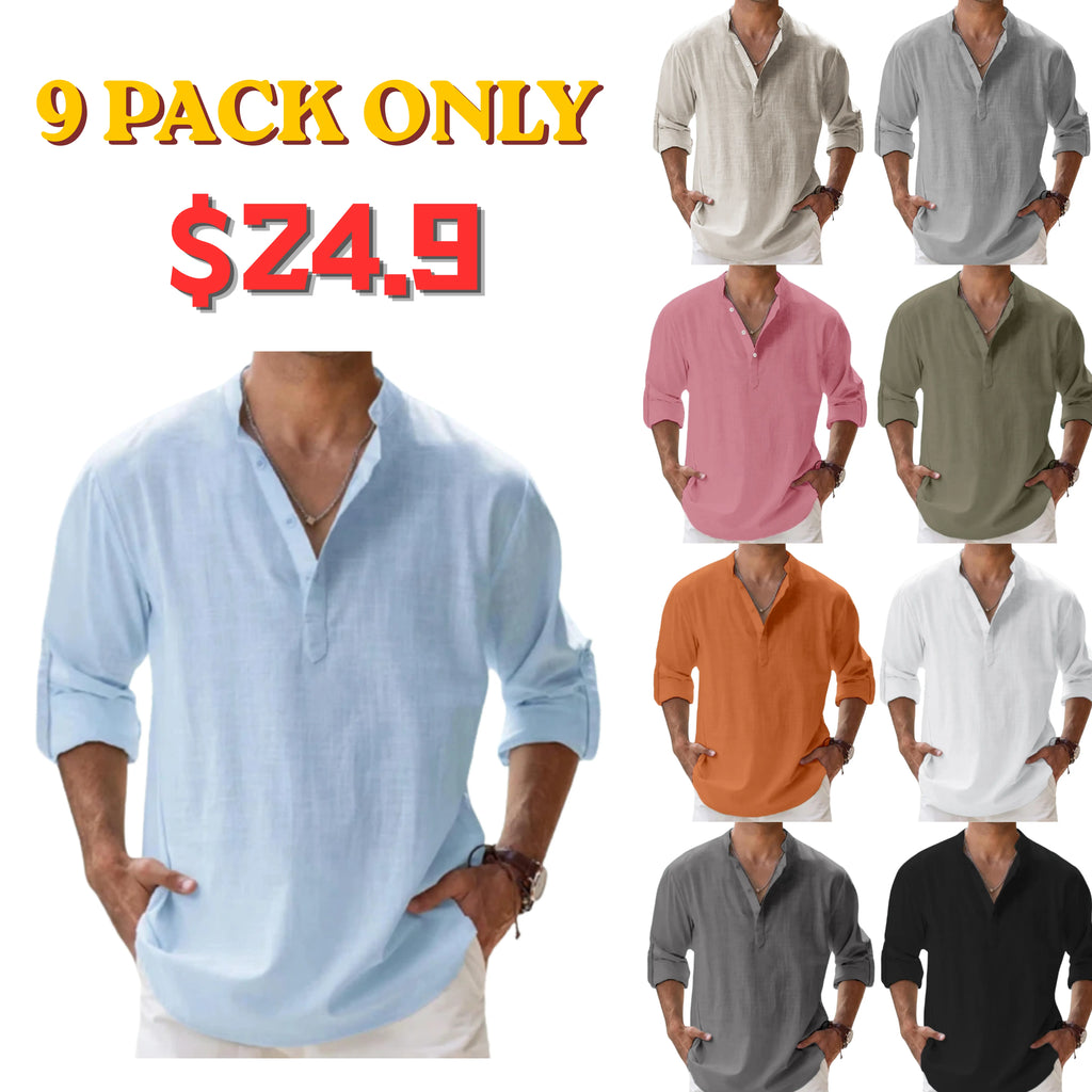 Men's Linen Pullover Casual Shirt, Beach Stand Collar, Solid Color, Perfect for Beach Vacation