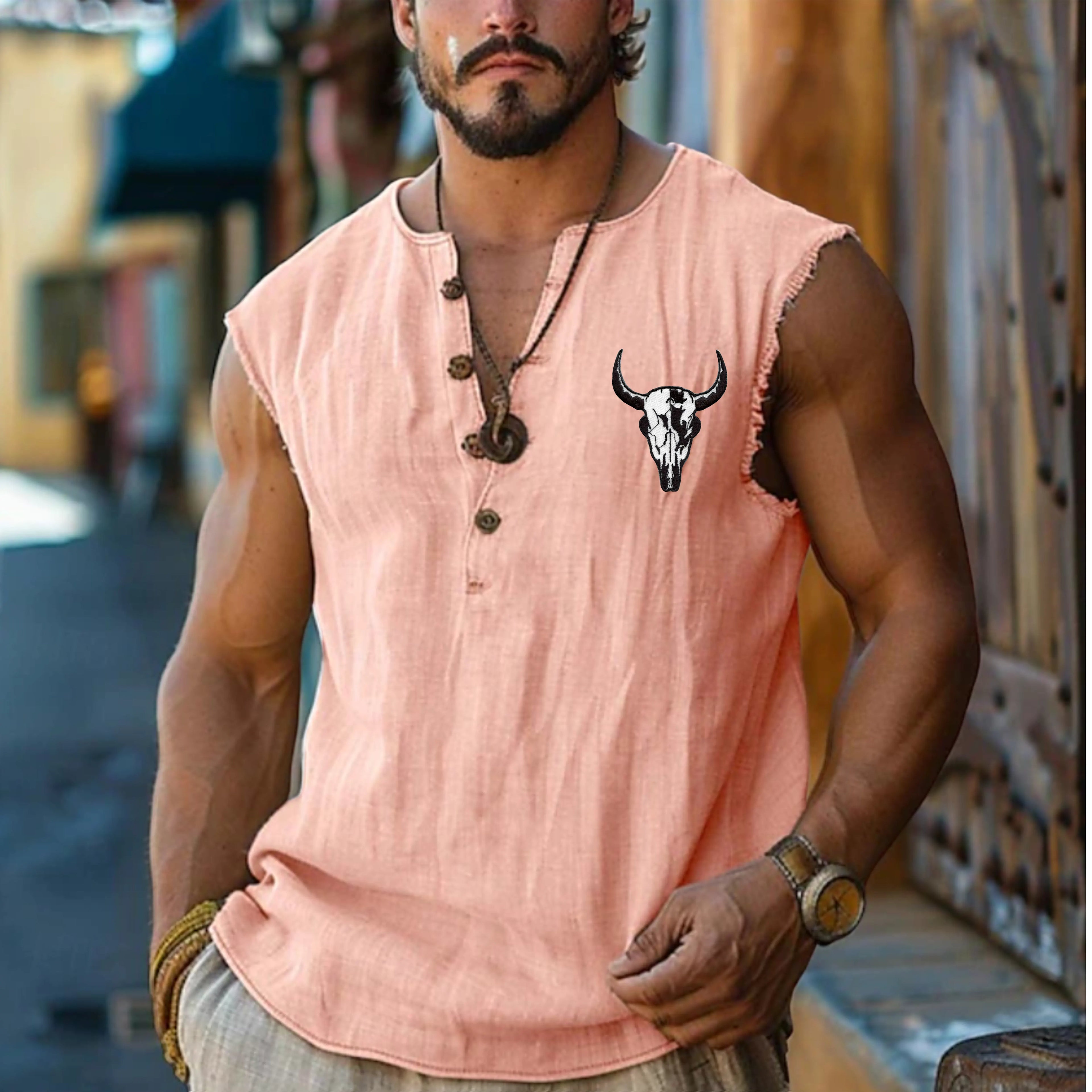 Men's Henley Shirt Vest Top Linen Tank Top Sleeveless Shirt Sleeveless Henley Summer Plain