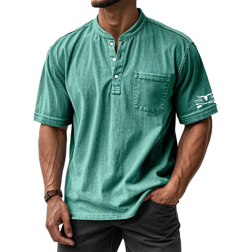Men's Washed Cotton Short Sleeve Henley T-Shirt