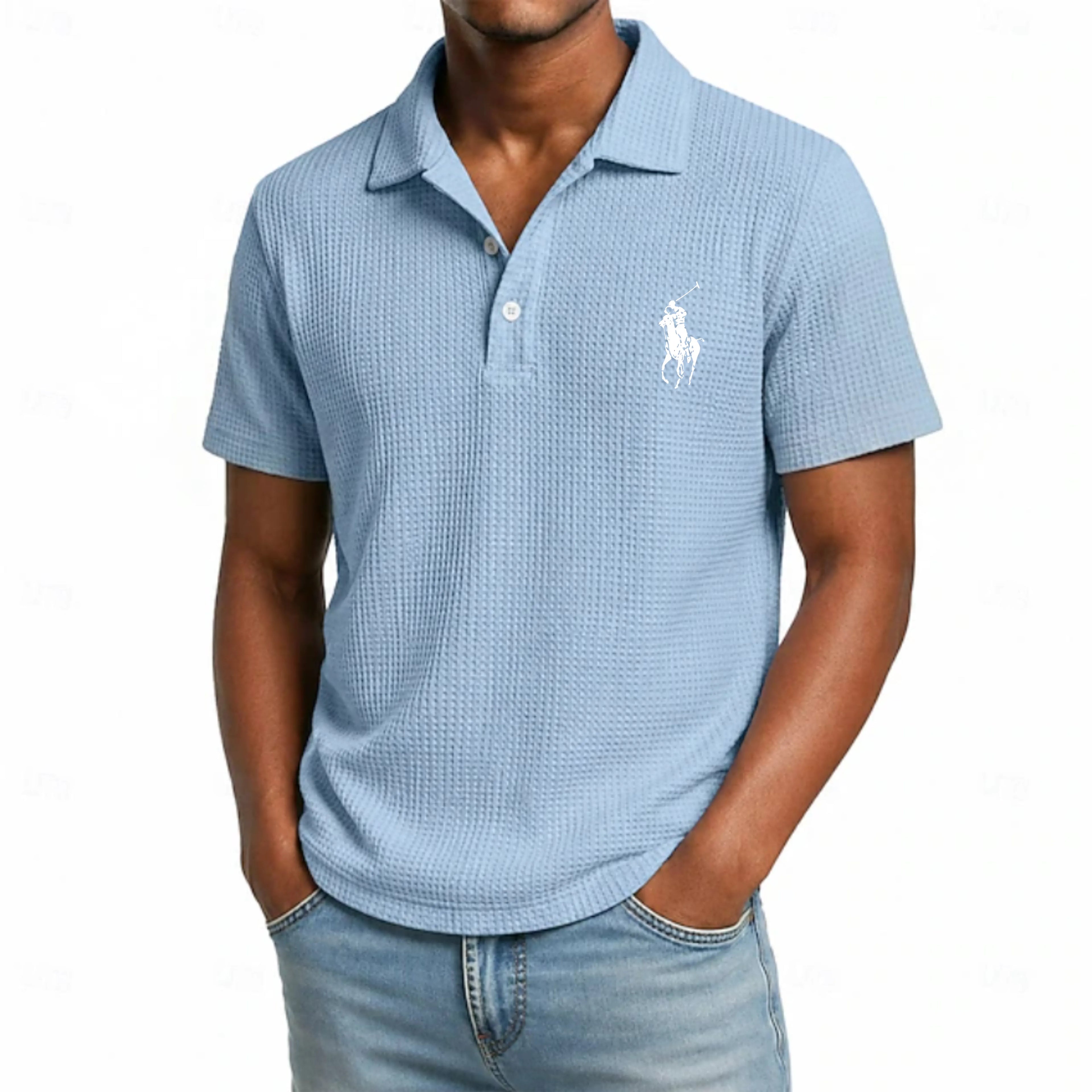Men's Waffle Polo Shirts Textured Casual Business Turndown Short Sleeve