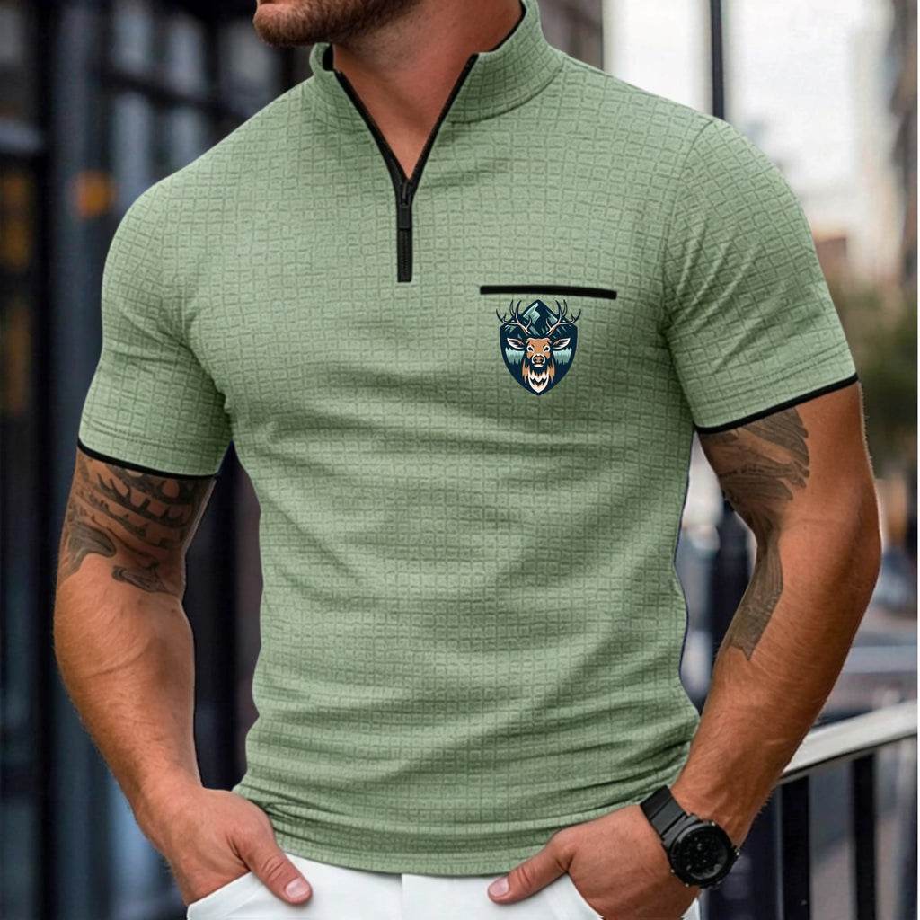 Men's Waffle Polo Shirts Zip Polo Casual Holiday Quarter Zip Short
