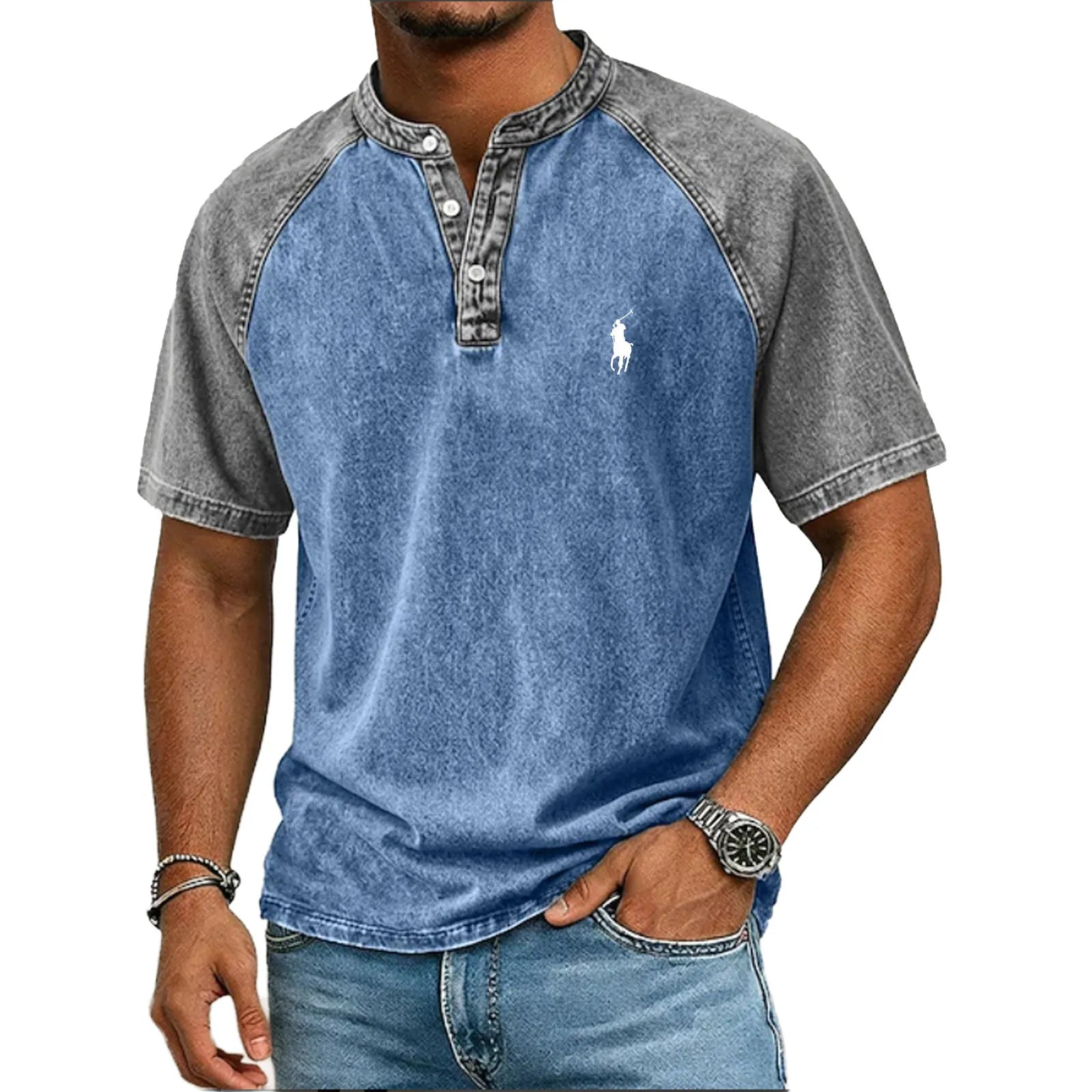 Men's Acid Wash Shirt Short Sleeve Color Block Patchwork