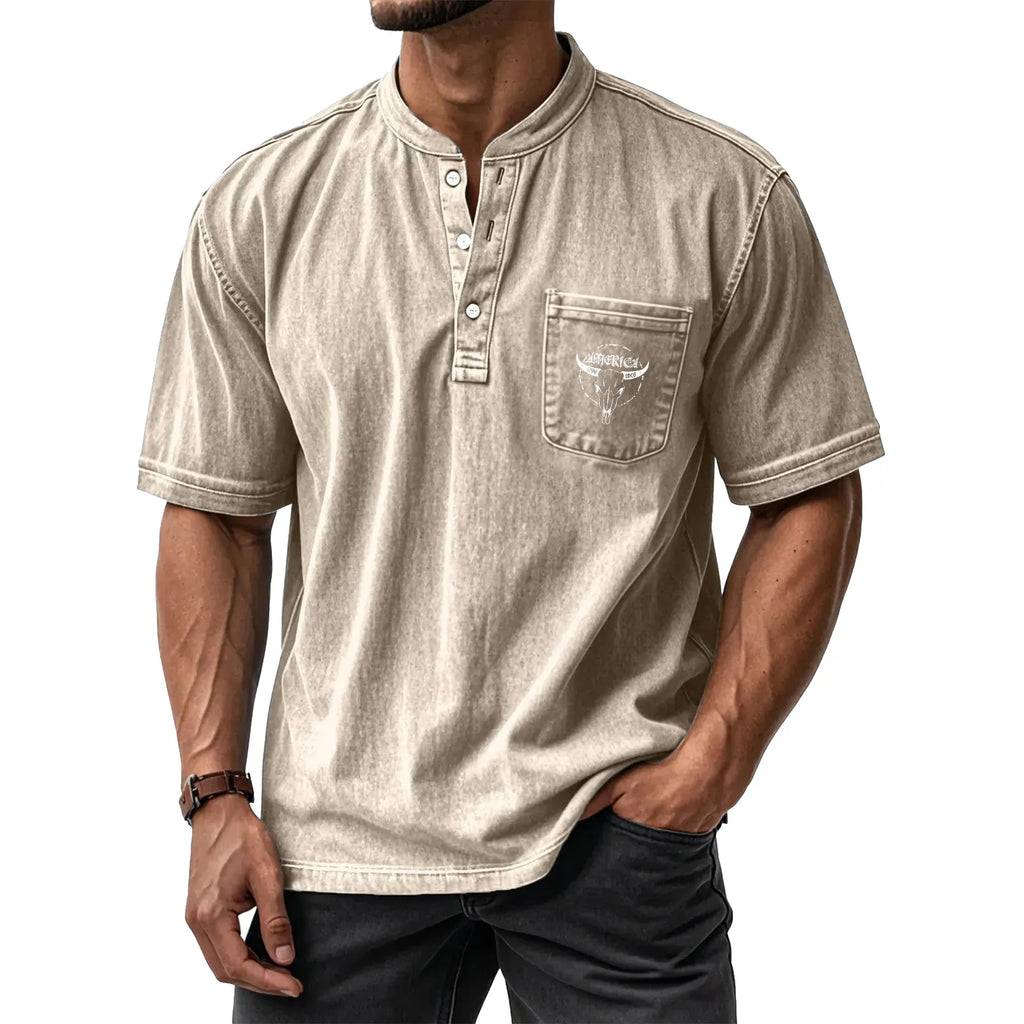 Men's Washed Cotton Short-Sleeve Henley Collar T-Shirt (Upgraded Version)