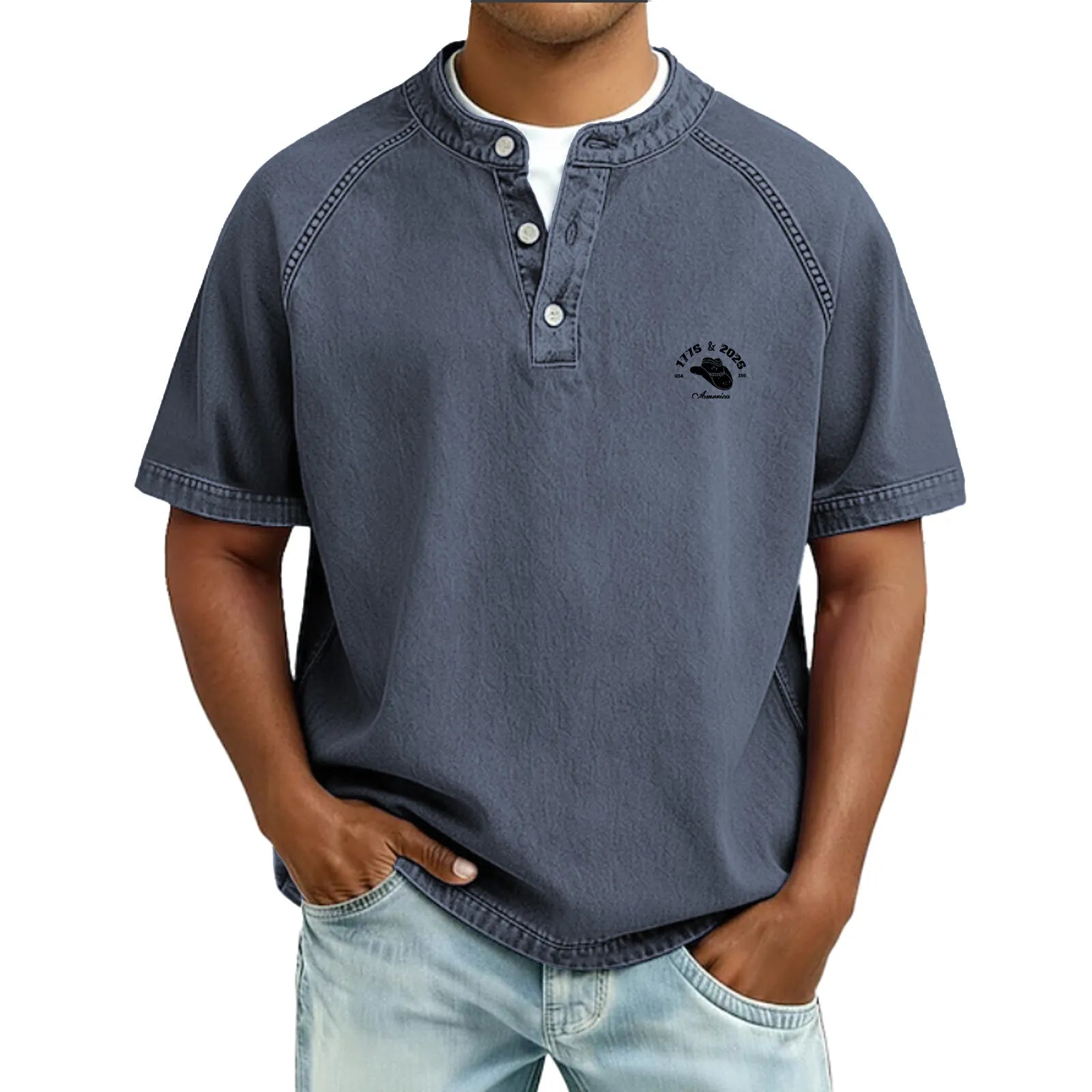 Men's T Shirt Henley Shirt 100% Cotton Acid Wash Shirt Tee Top Short Sleeve Plain Vintage Streetwear Casual Washed Raglan Sleeves Stand Collar Henley Casual Home Street Fall & Winter Spring Fall