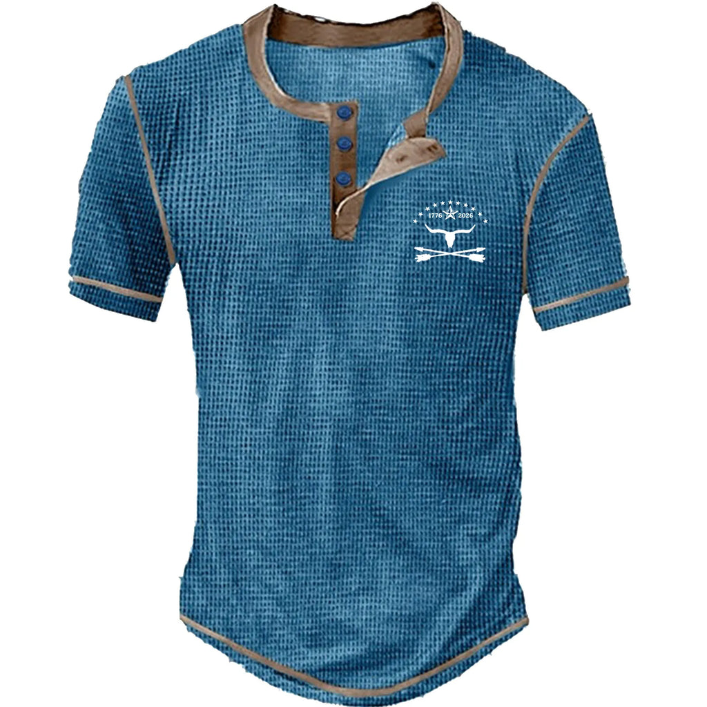 Men's waffle knit Henley short sleeve check T-shirt