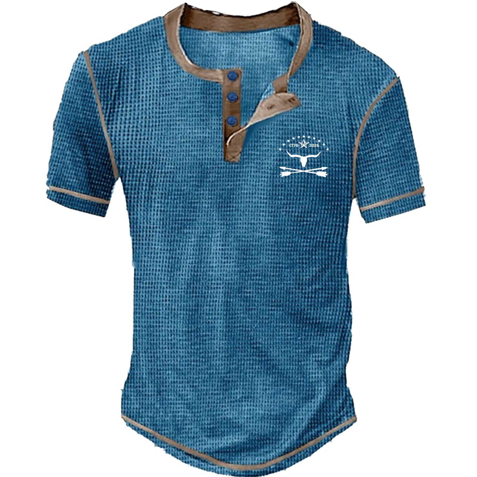 Men's waffle knit Henley short sleeve check T-shirt