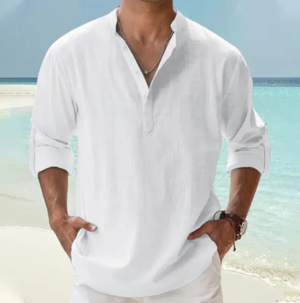 Men's Linen Pullover Casual Shirt, Beach Stand Collar, Solid Color, Perfect for Beach Vacation