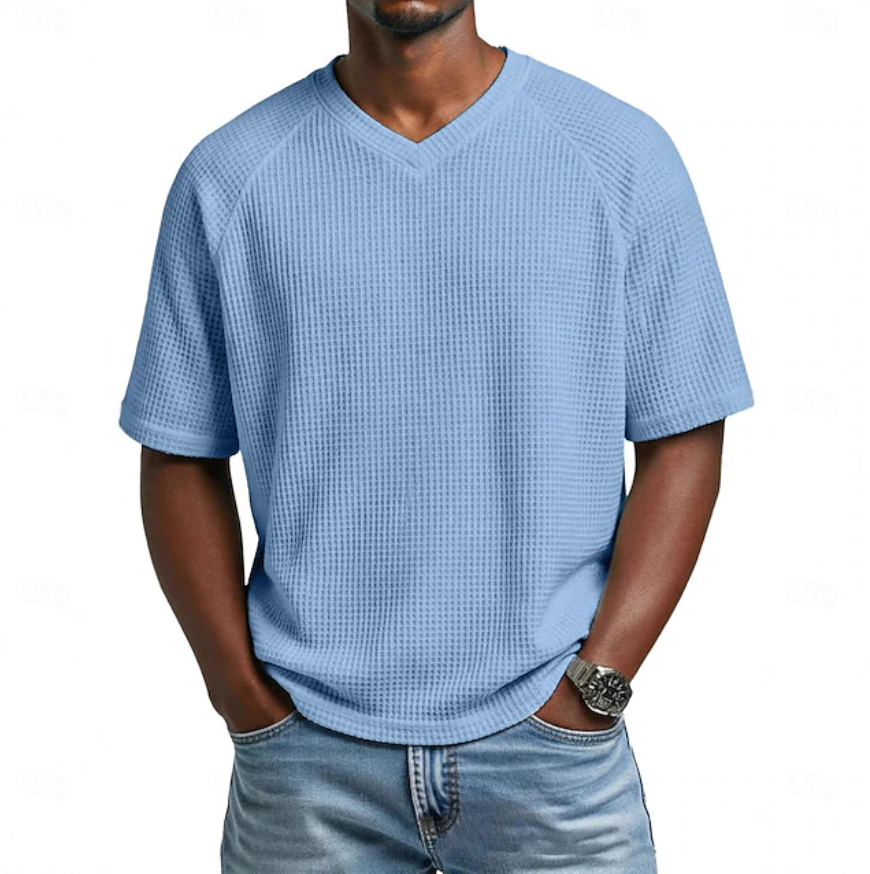 Men's Waffle T-shirt Tee Top Short Sleeve V Neck Summer Solid Color  Casual Raglan Sleeves