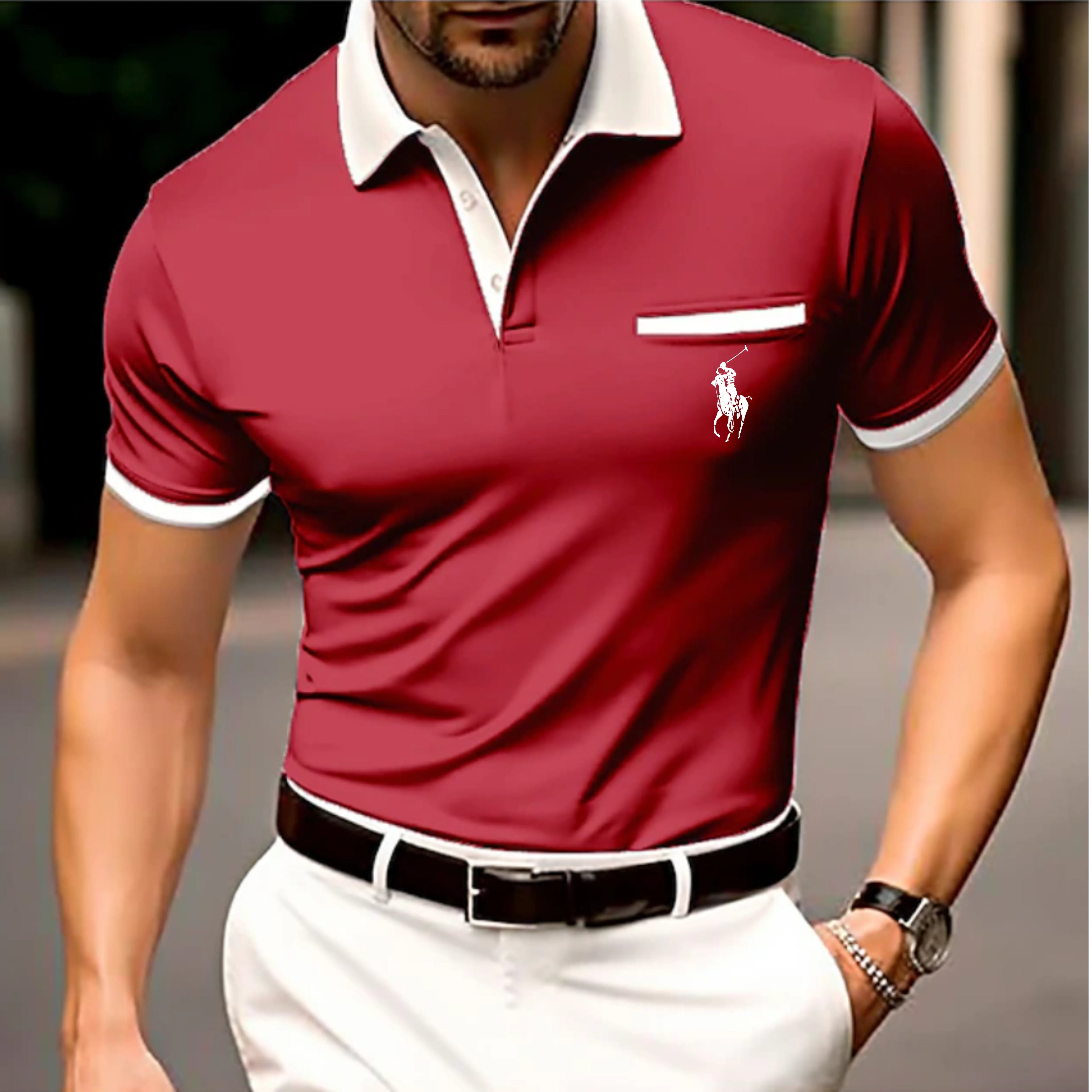 Men's Button Up Polos Cotton Polo Shirt Casual Holiday Lapel Ribbed Polo