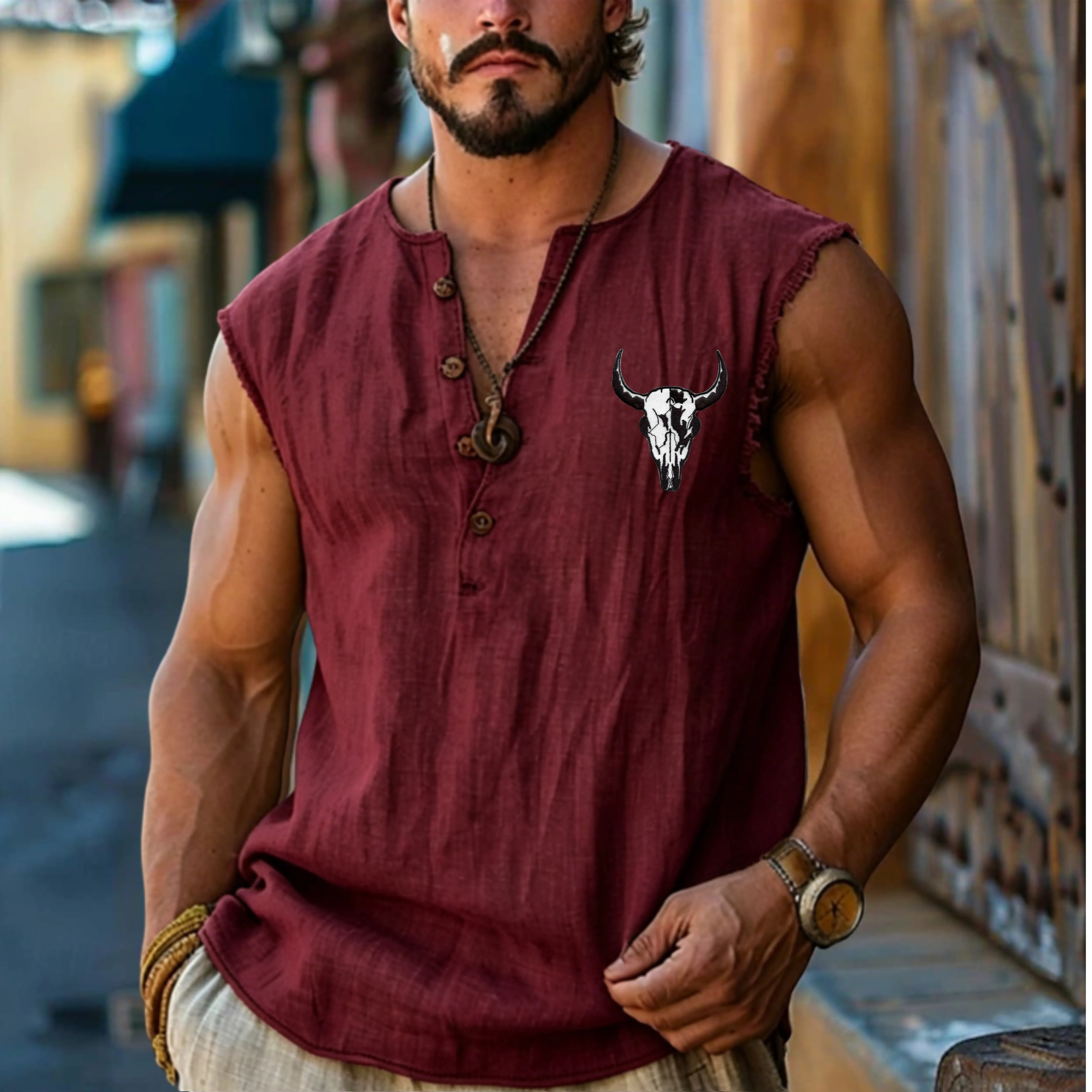 Men's Henley Shirt Vest Top Linen Tank Top Sleeveless Shirt Sleeveless Henley Summer Plain