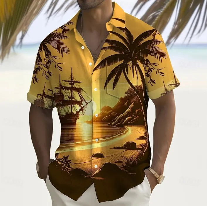 Men's beach shirt, button-up, casual holiday wear, spring and summer clothing