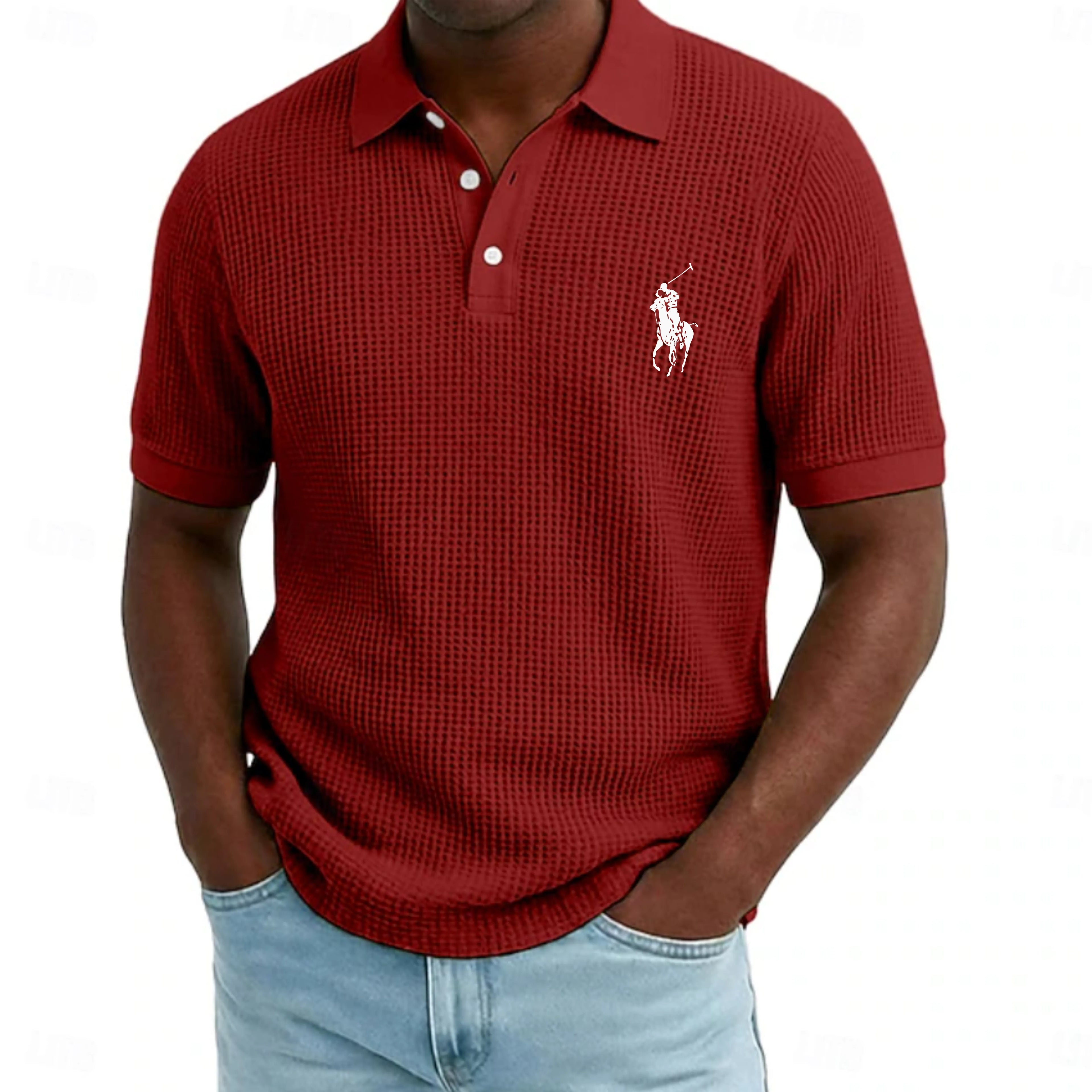 Men's Waffle Polo Shirts Textured Casual Holiday Lapel Ribbed Polo Collar Short