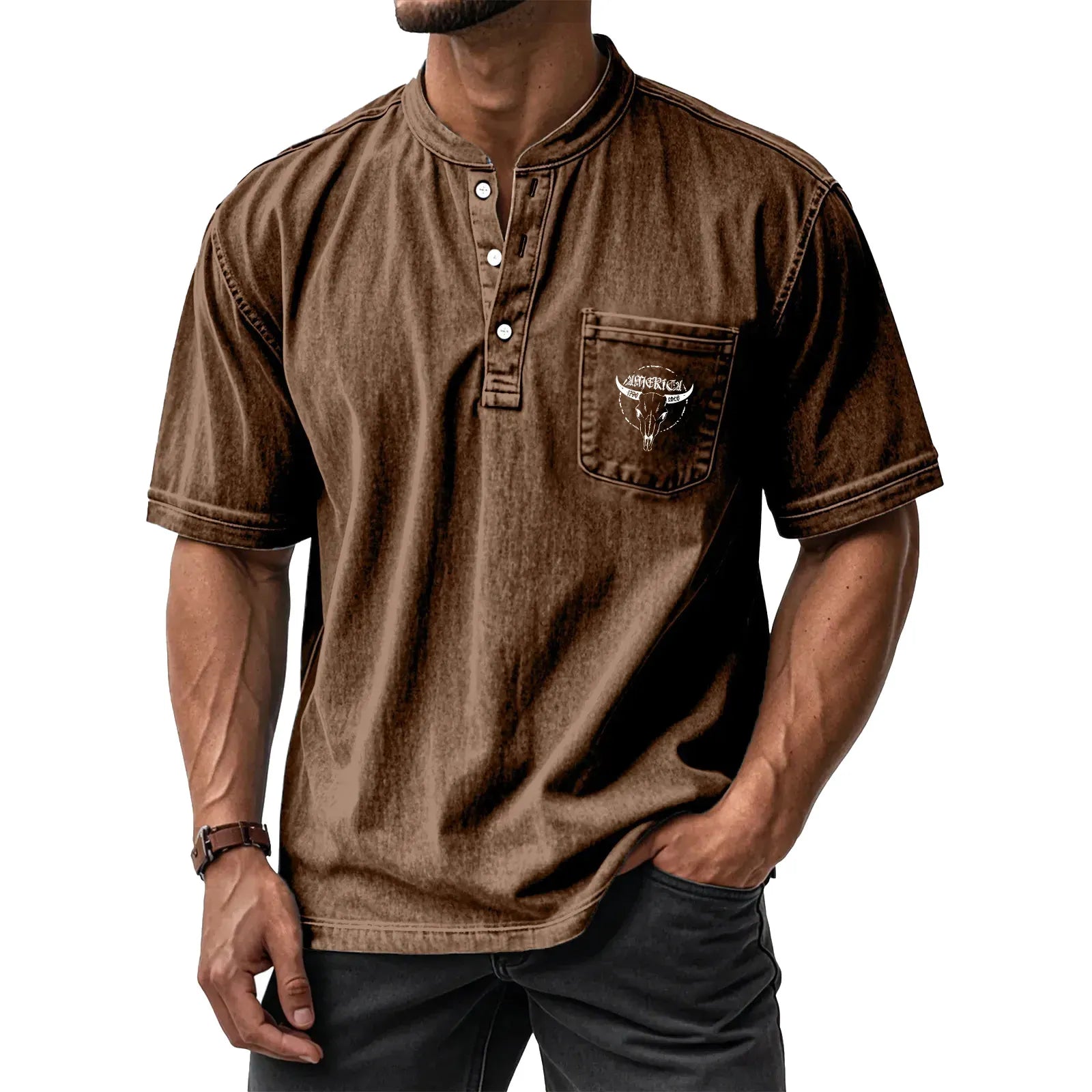 Men's Washed Cotton Short-Sleeve Henley Collar T-Shirt (Upgraded Version)