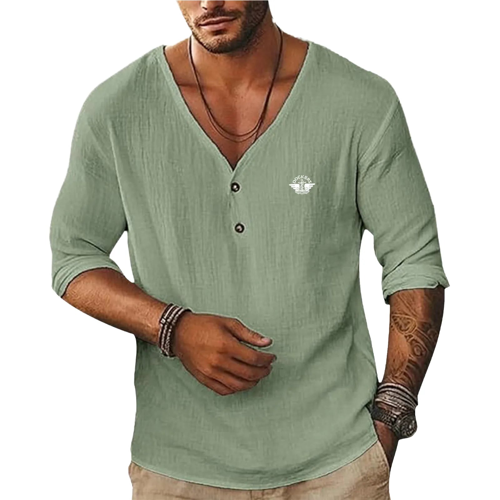 20260622-14-Men's Short-Sleeve Linen V-Neck Shirta