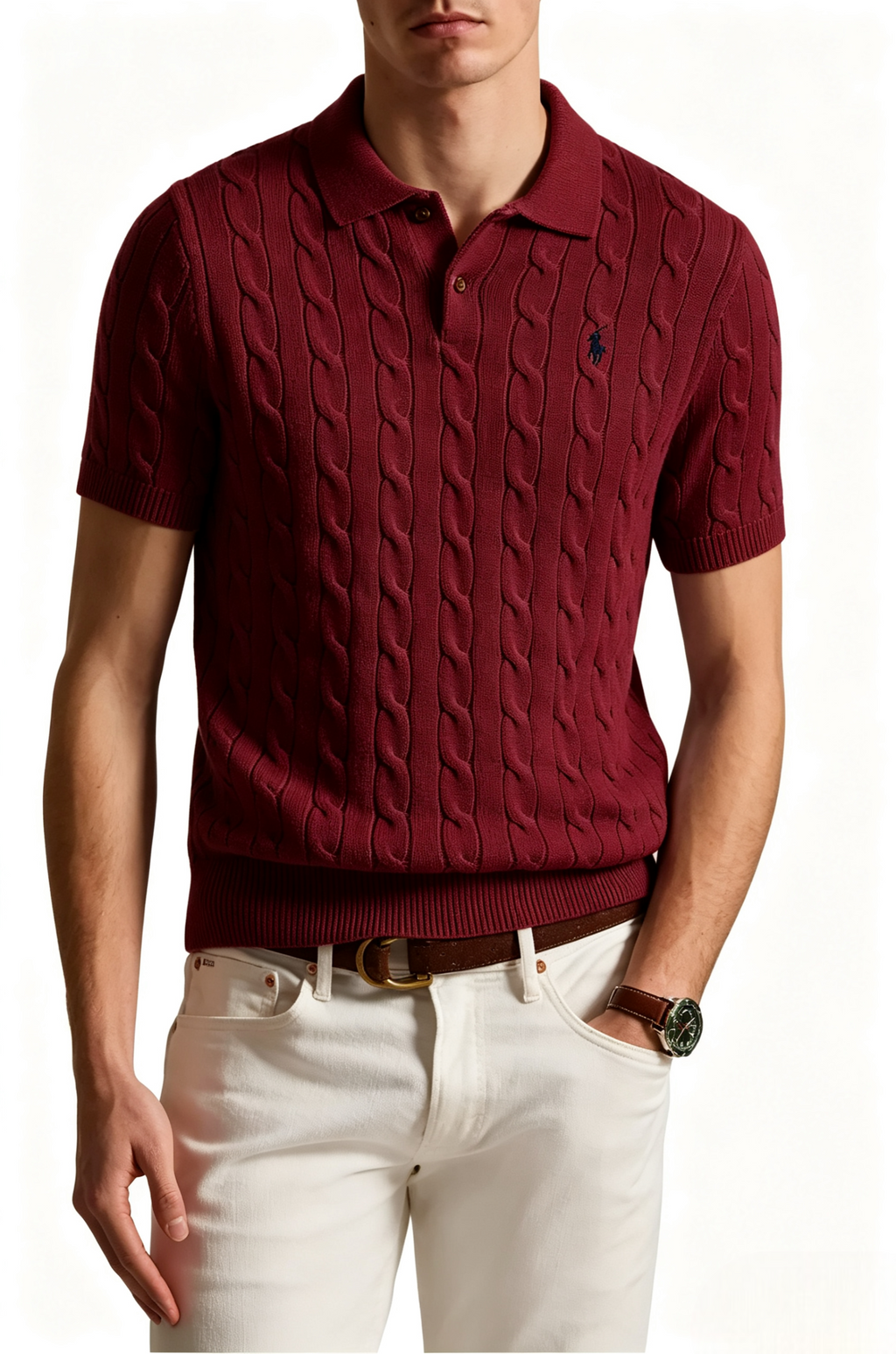 Classic Cable-Knit Cotton Polo Sweater