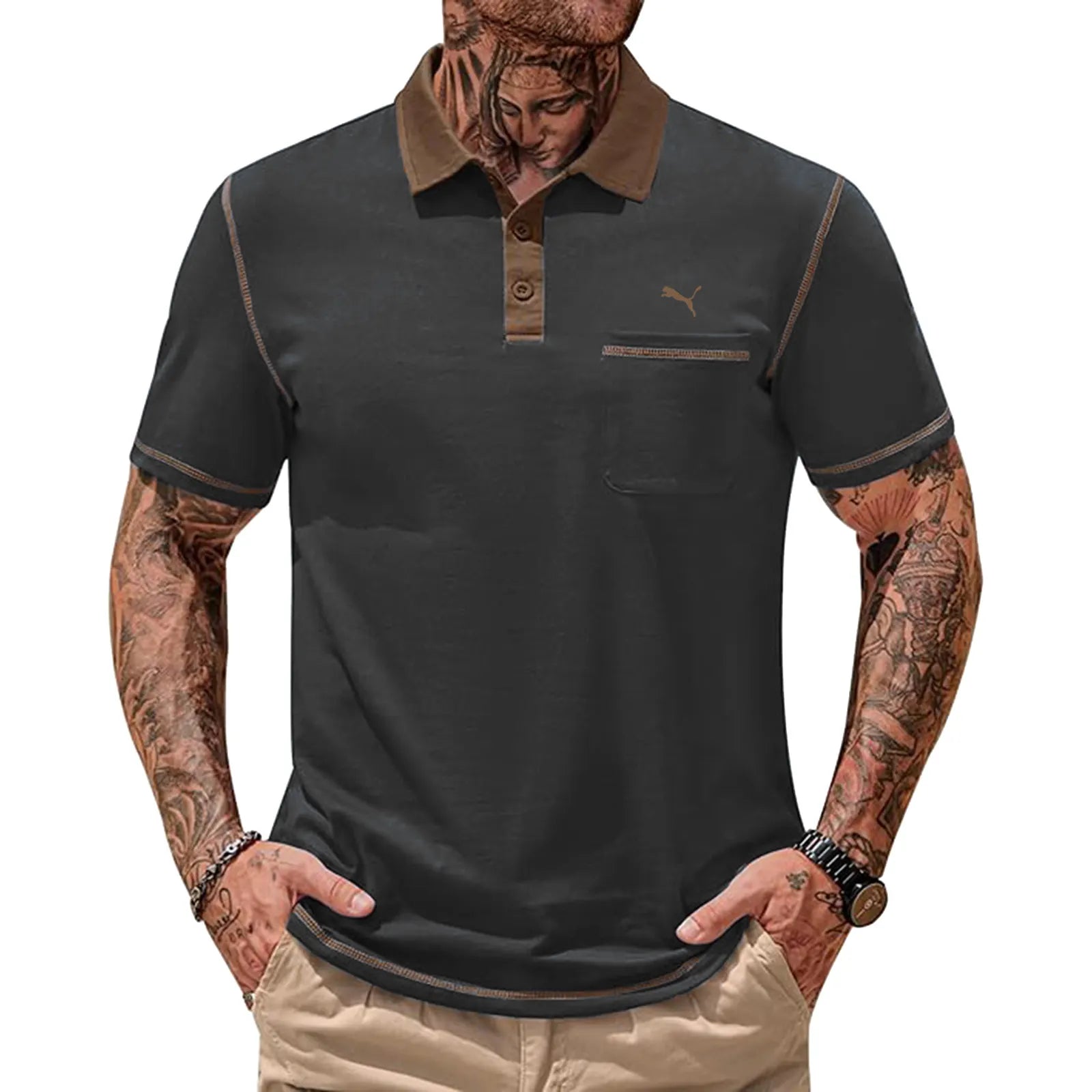 Mens Polo Shirts Casual Color Block Collar Short Sleeve Shirt with Pocket