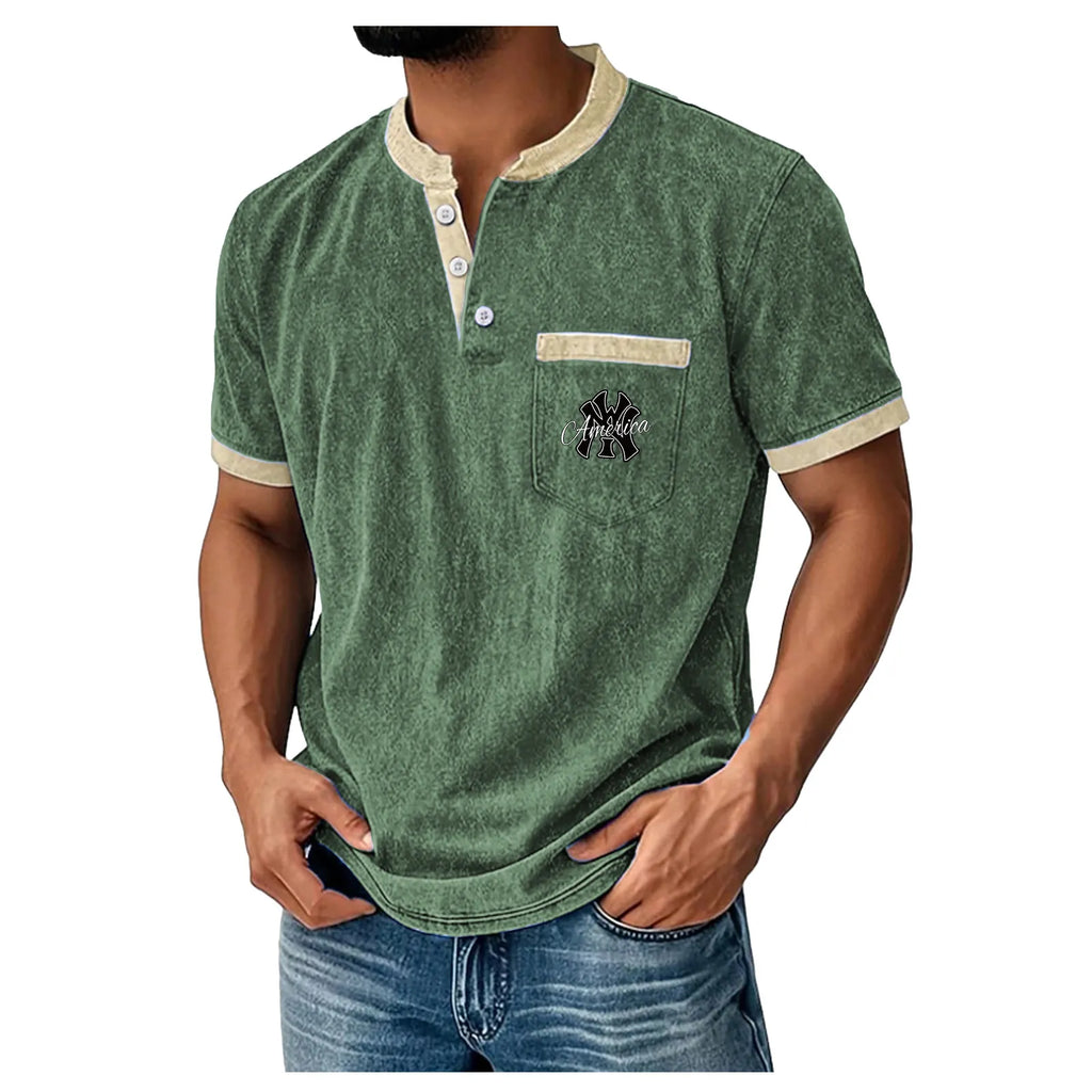 Men's Henley Shirt 100% Cotton Acid Wash Shirt T shirt Tee Short Sleeve Solid Retro