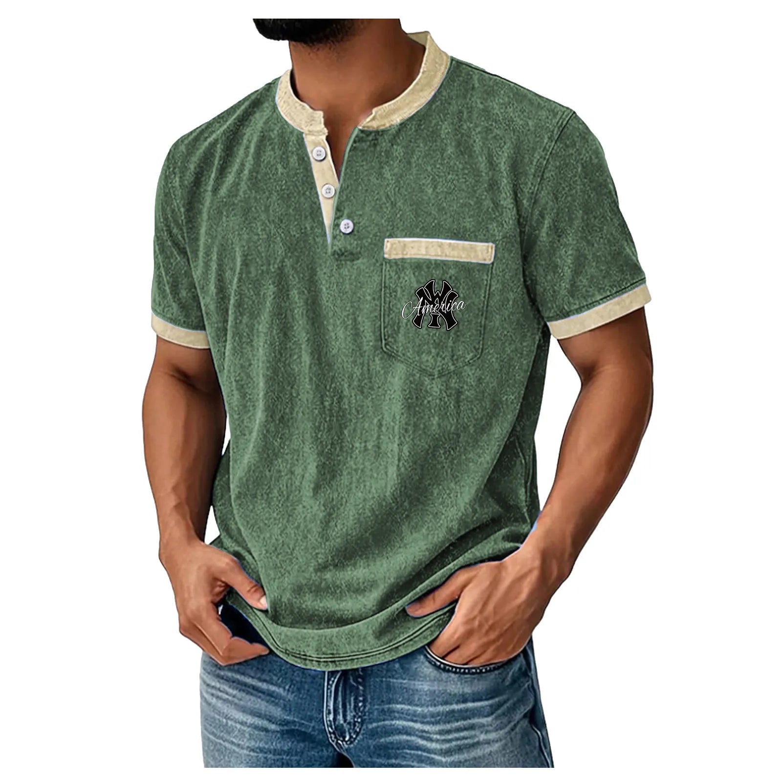 Men's Henley Shirt 100% Cotton Acid Wash Shirt T shirt Tee Short Sleeve Solid Retro