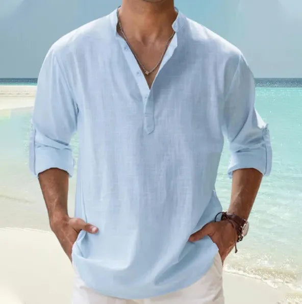 Men's Linen Pullover Casual Shirt, Beach Stand Collar, Solid Color, Perfect for Beach Vacation